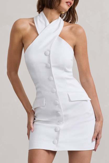 Dani White Halter Neck Tailored Buttoned Bodycon Mini Dress-Babyboo Dress Store. All Rights Reserved.