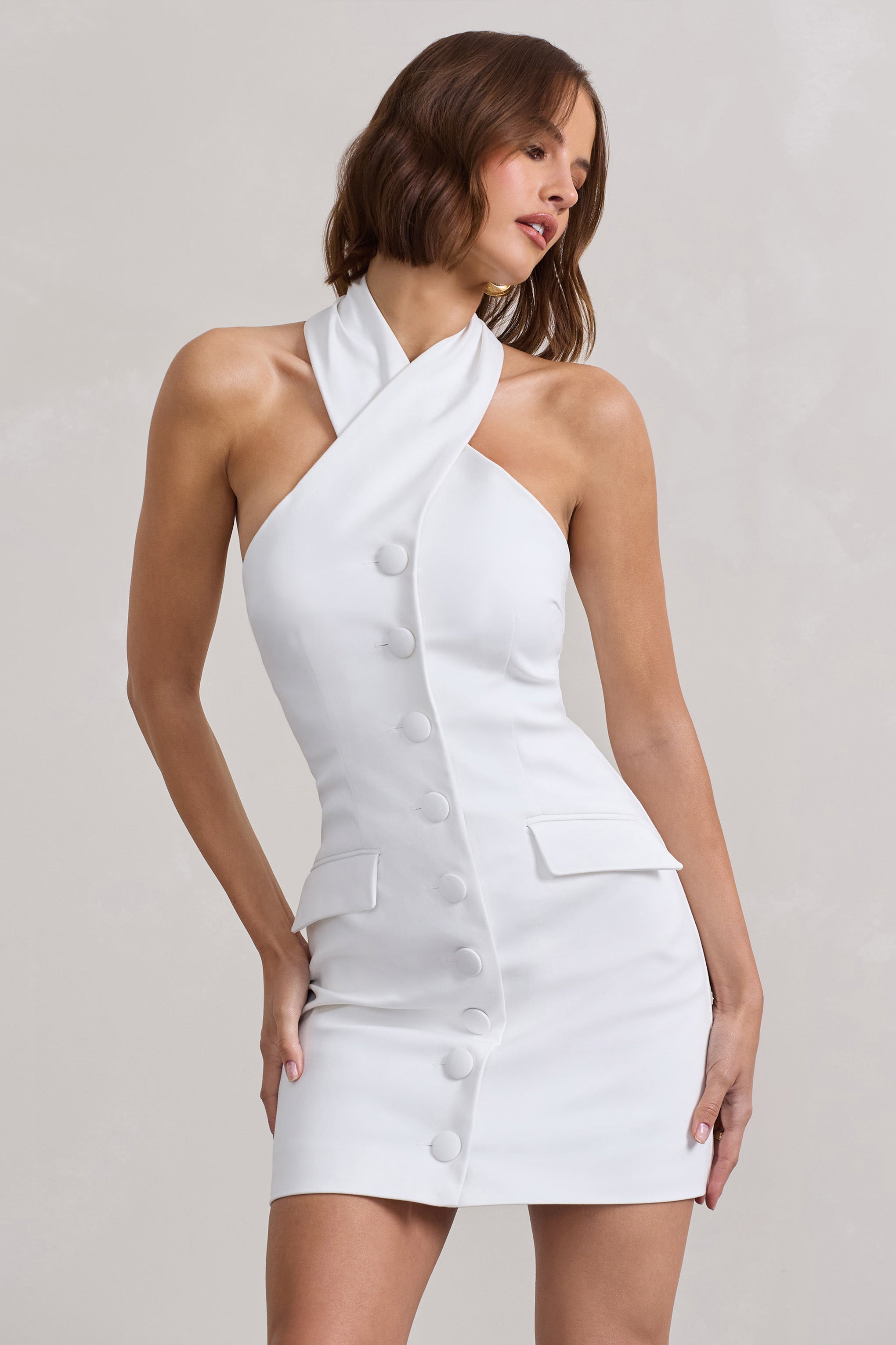 Dani White Halter Neck Tailored Buttoned Bodycon Mini Dress-Babyboo Dress Store. All Rights Reserved.