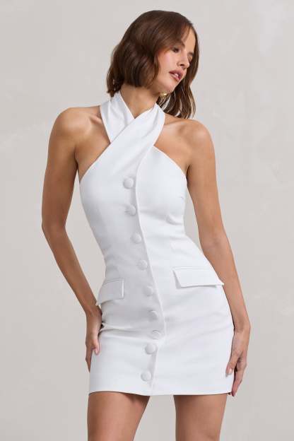Dani White Halter Neck Tailored Buttoned Bodycon Mini Dress-Babyboo Dress Store. All Rights Reserved.