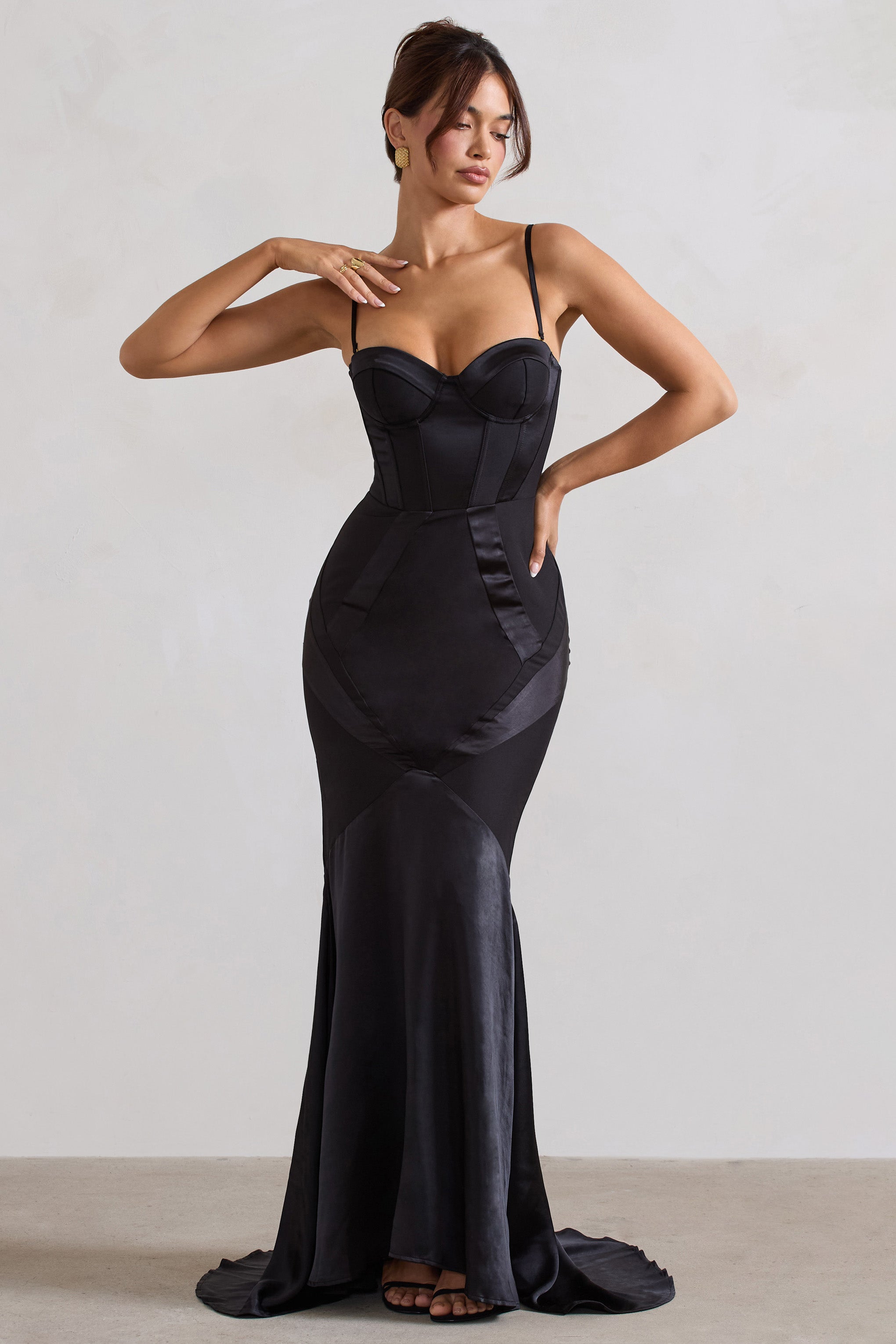 Custom Black Satin Sweetheart Corset Fishtail Maxi Dress-Babyboo Dress Store. All Rights Reserved.