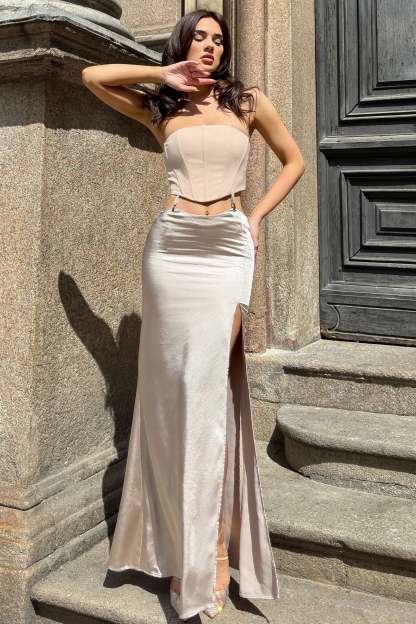 Champagne Showers Nude Satin Strapless Split Maxi Dress-Babyboo Dress Store. All Rights Reserved.