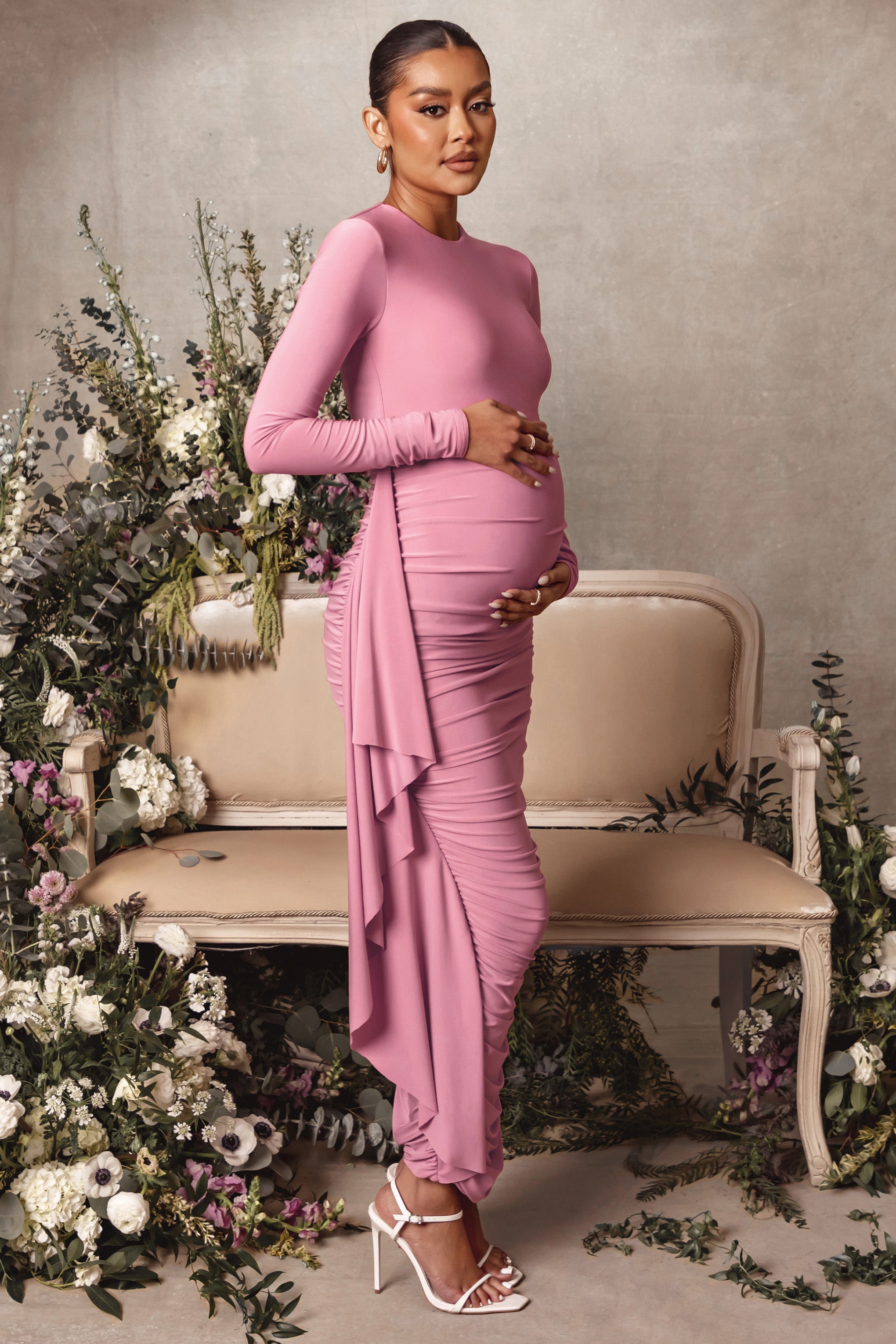 Never Let Go Rose Pink Maternity One Shoulder Ruched Side Detail Maxi Dress-Babyboo Dress Store. All Rights Reserved.