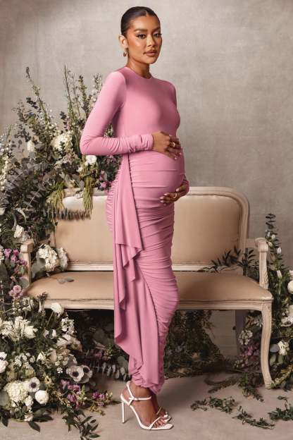 Never Let Go Rose Pink Maternity One Shoulder Ruched Side Detail Maxi Dress-Babyboo Dress Store. All Rights Reserved.