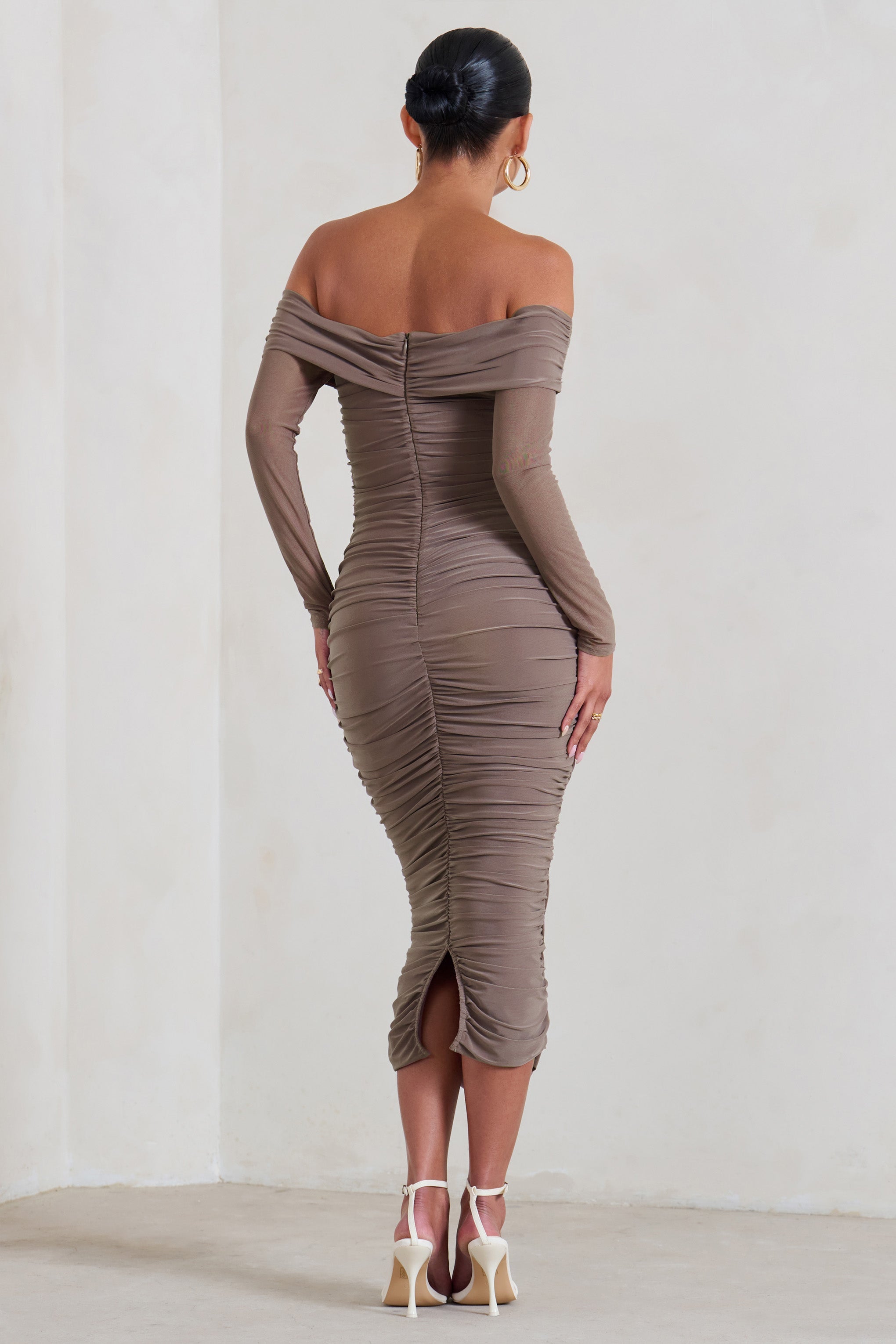 Neva Mocha Bardot Twist Maternity Midi Dress-Babyboo Dress Store. All Rights Reserved.