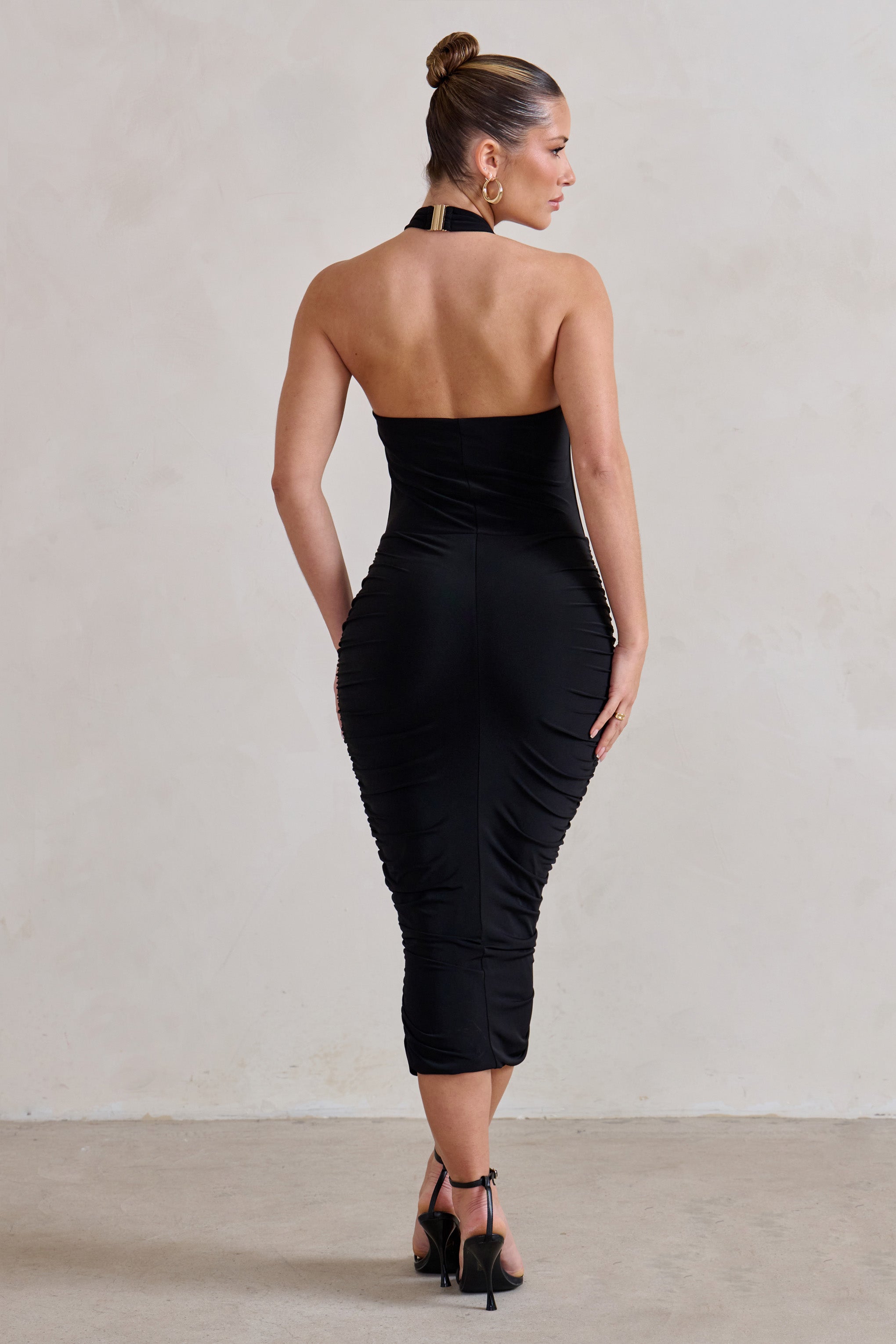 Chrissy Black Halterneck Ruched Midi Dress-Babyboo Dress Store. All Rights Reserved.