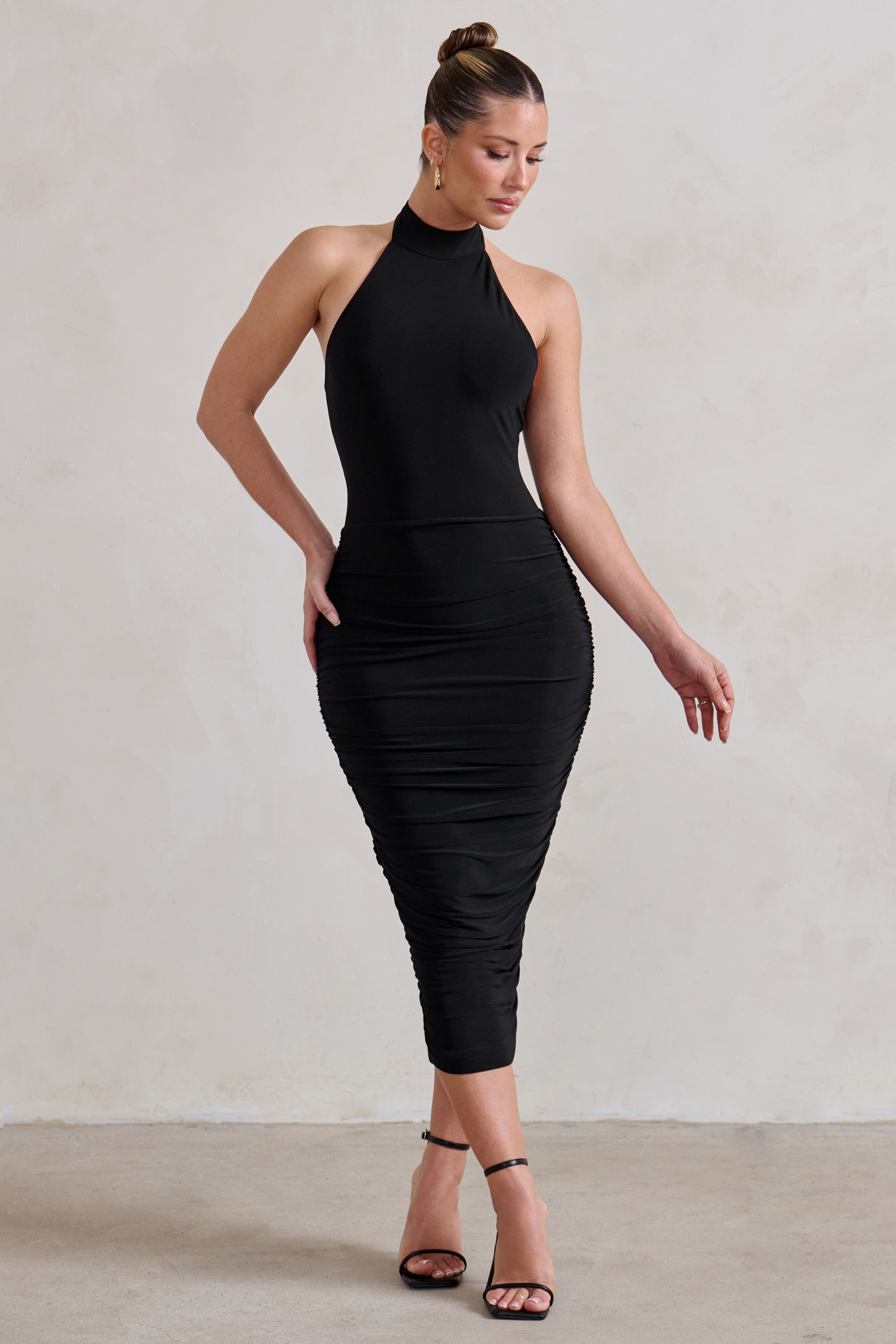 Chrissy Black Halterneck Ruched Midi Dress-Babyboo Dress Store. All Rights Reserved.