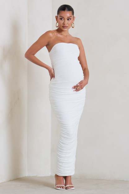 My Lady Maternity White Strapless Bodycon Ruched Mesh Maxi Dress-Babyboo Dress Store. All Rights Reserved.