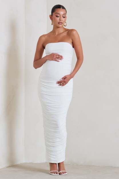 My Lady Maternity White Strapless Bodycon Ruched Mesh Maxi Dress-Babyboo Dress Store. All Rights Reserved.