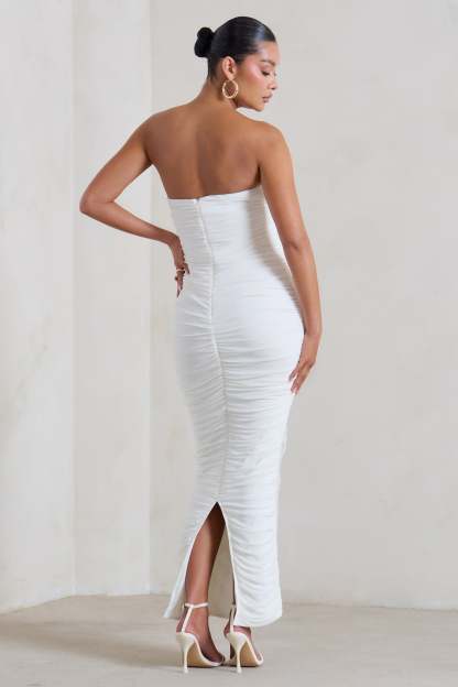 My Lady Maternity White Strapless Bodycon Ruched Mesh Maxi Dress-Babyboo Dress Store. All Rights Reserved.