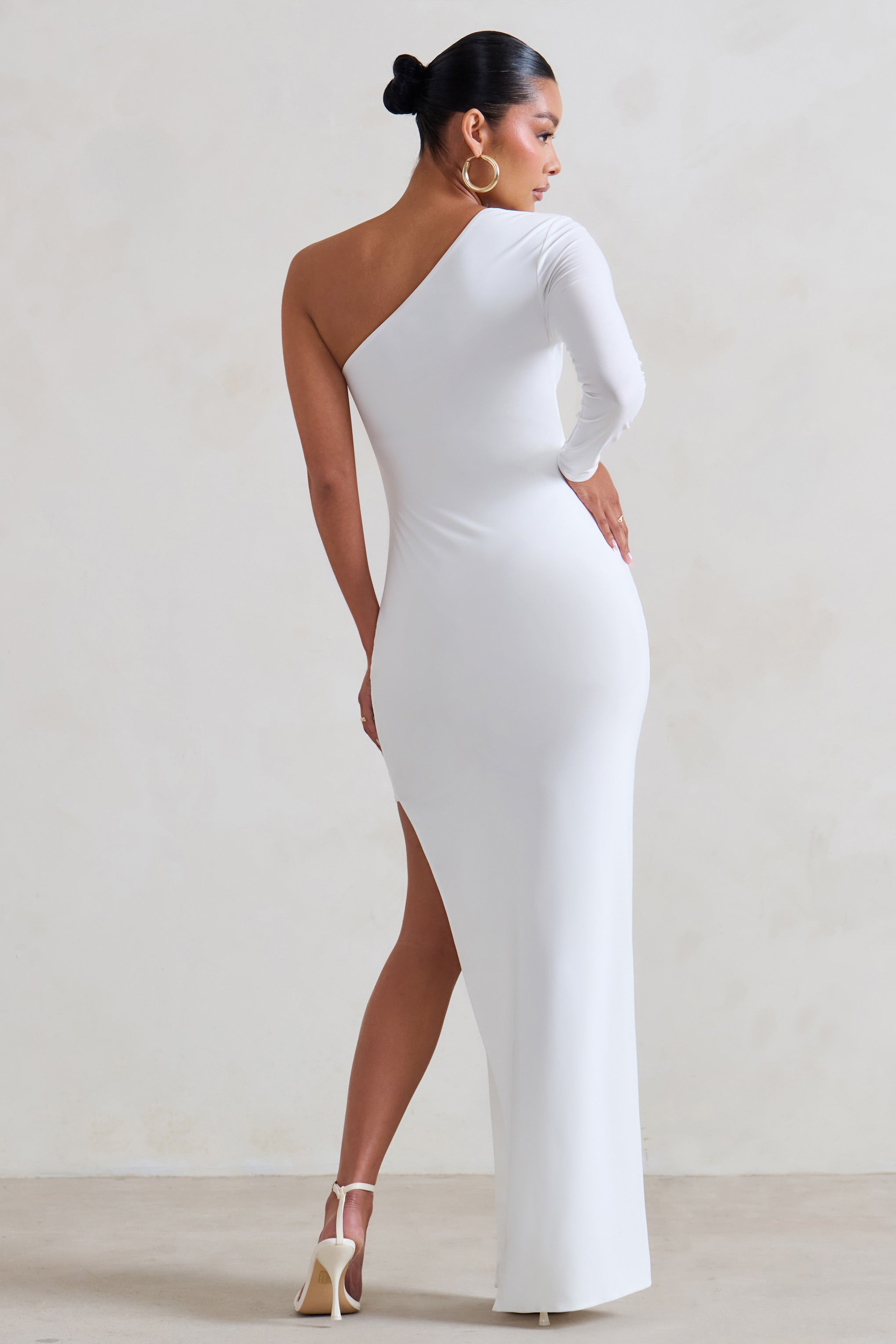 Paloma White Maternity One Sleeve Asymmetric Maxi Dress-Babyboo Dress Store. All Rights Reserved.