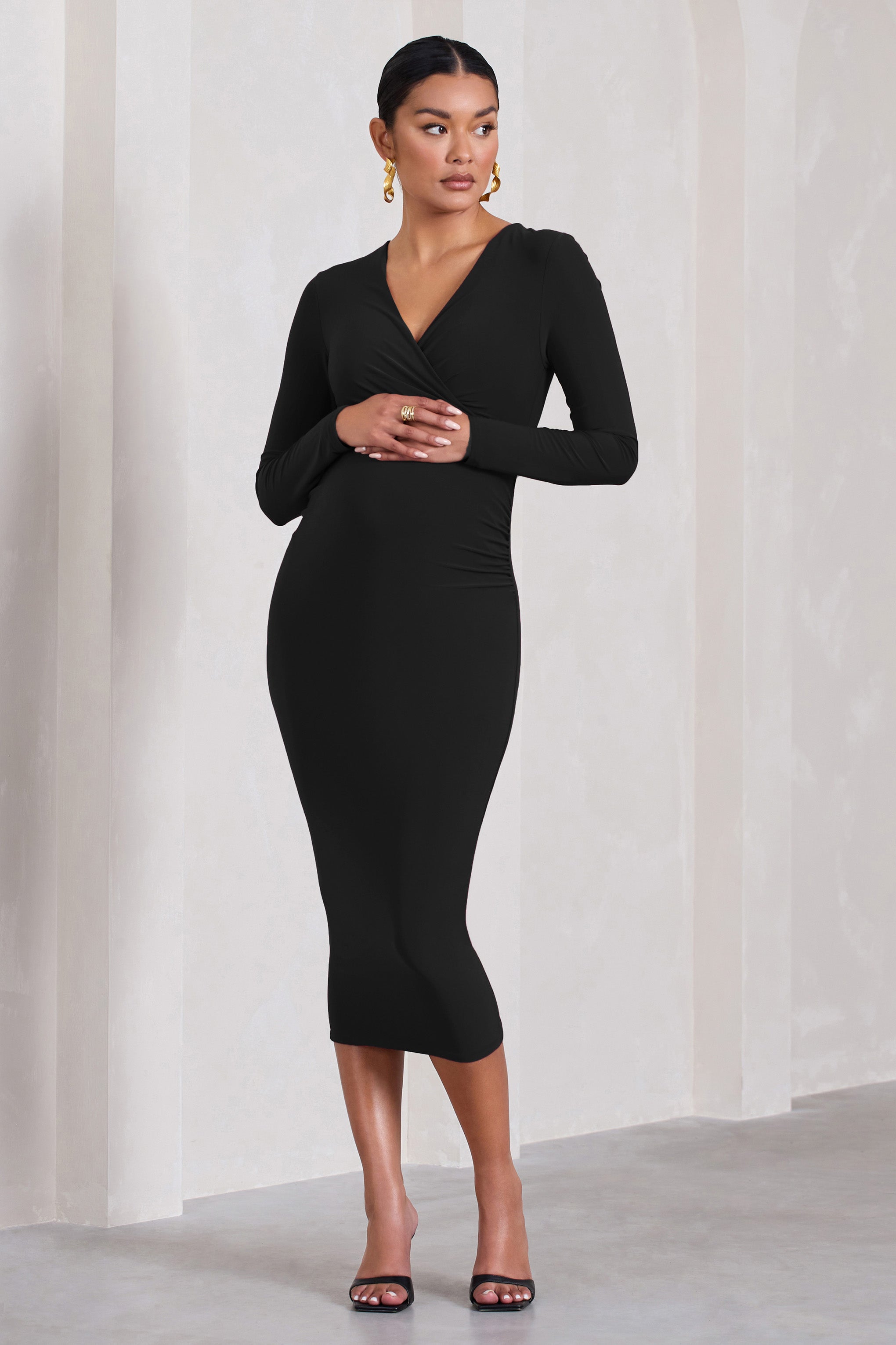 Marcia Black Bodycon Plunge-Neck Maternity Midi Dress
