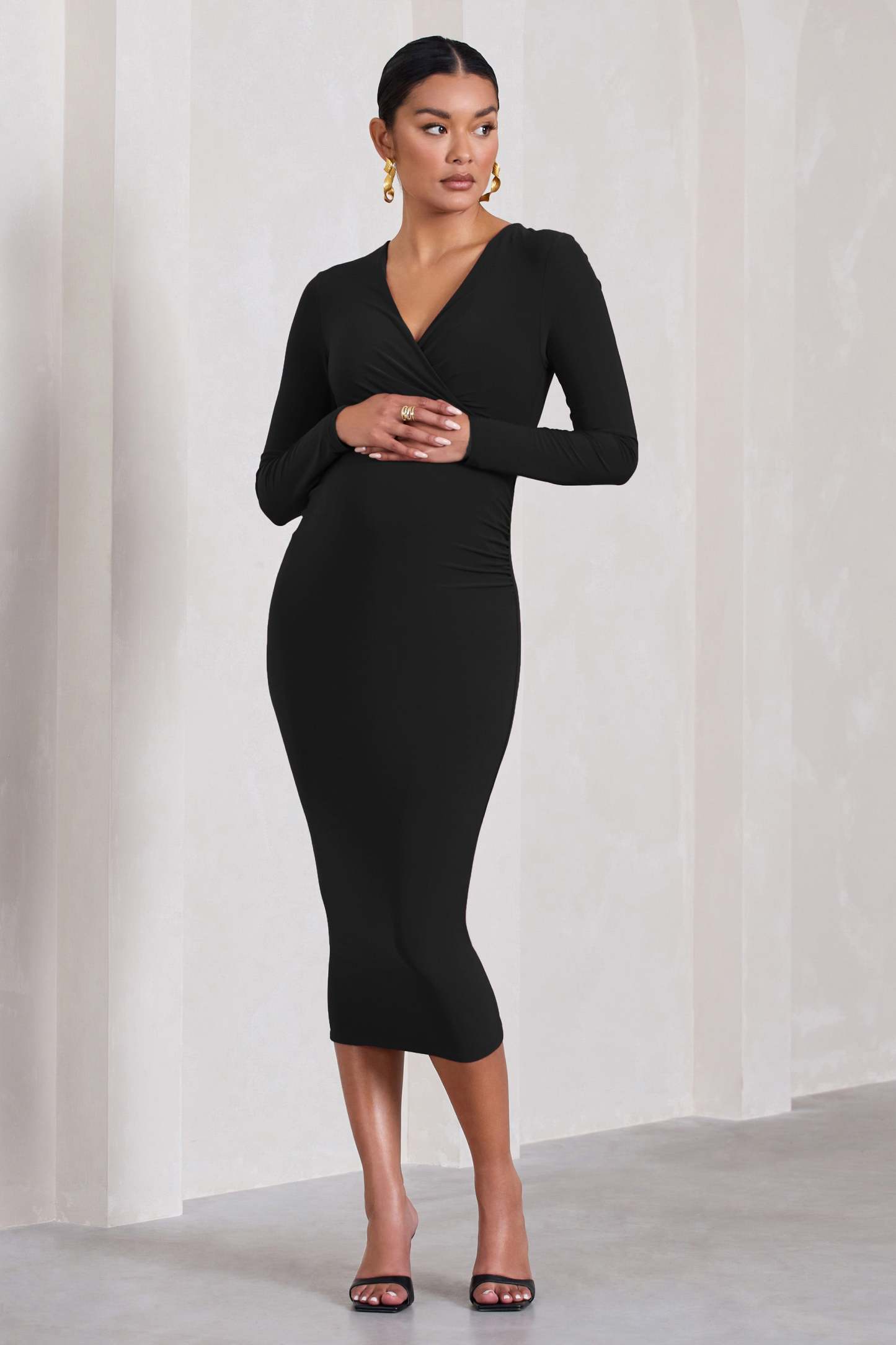 Marcia Black Bodycon Plunge-Neck Maternity Midi Dress