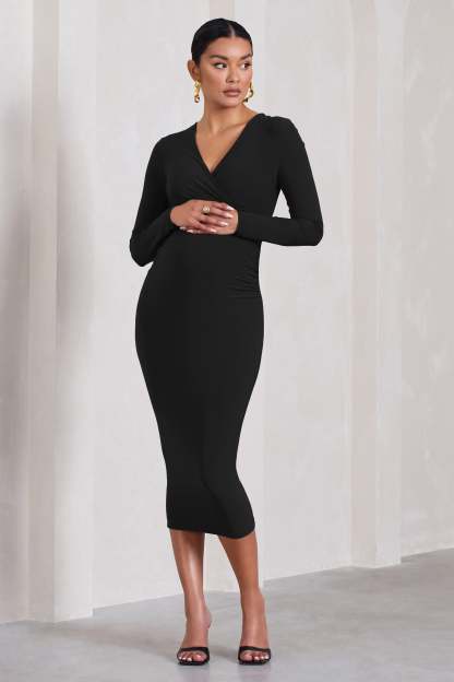 Marcia Black Bodycon Plunge-Neck Maternity Midi Dress
