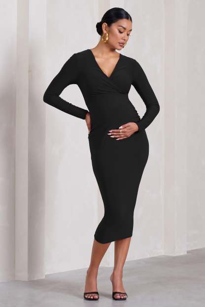 Marcia Black Bodycon Plunge-Neck Maternity Midi Dress