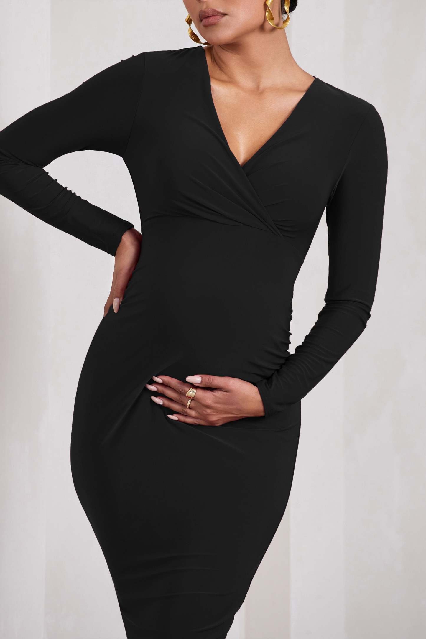 Marcia Black Bodycon Plunge-Neck Maternity Midi Dress