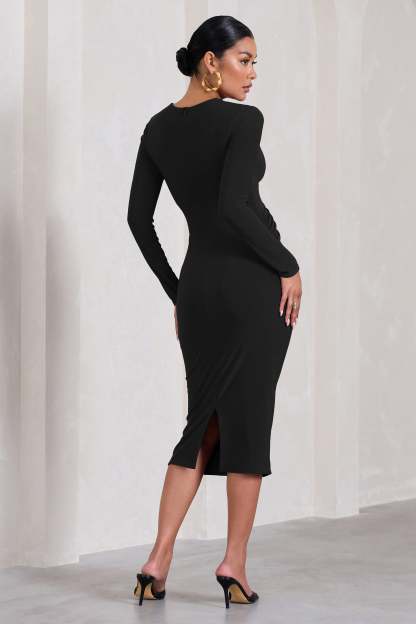 Marcia Black Bodycon Plunge-Neck Maternity Midi Dress