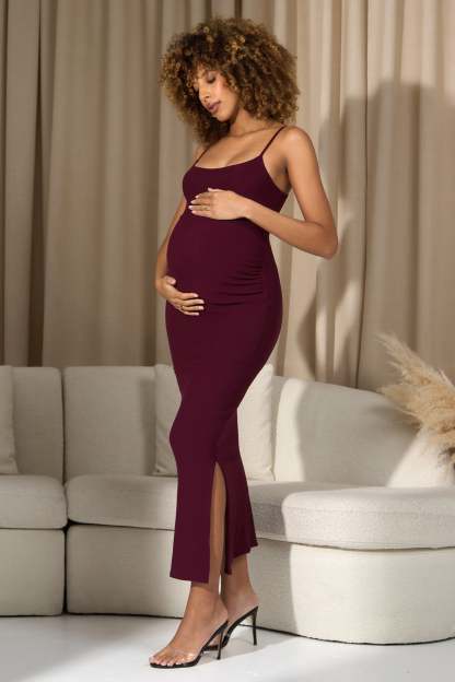 Oakley Burgundy Strappy Square-Neck Split Maternity Maxi Dress-Babyboo Dress Store. All Rights Reserved.