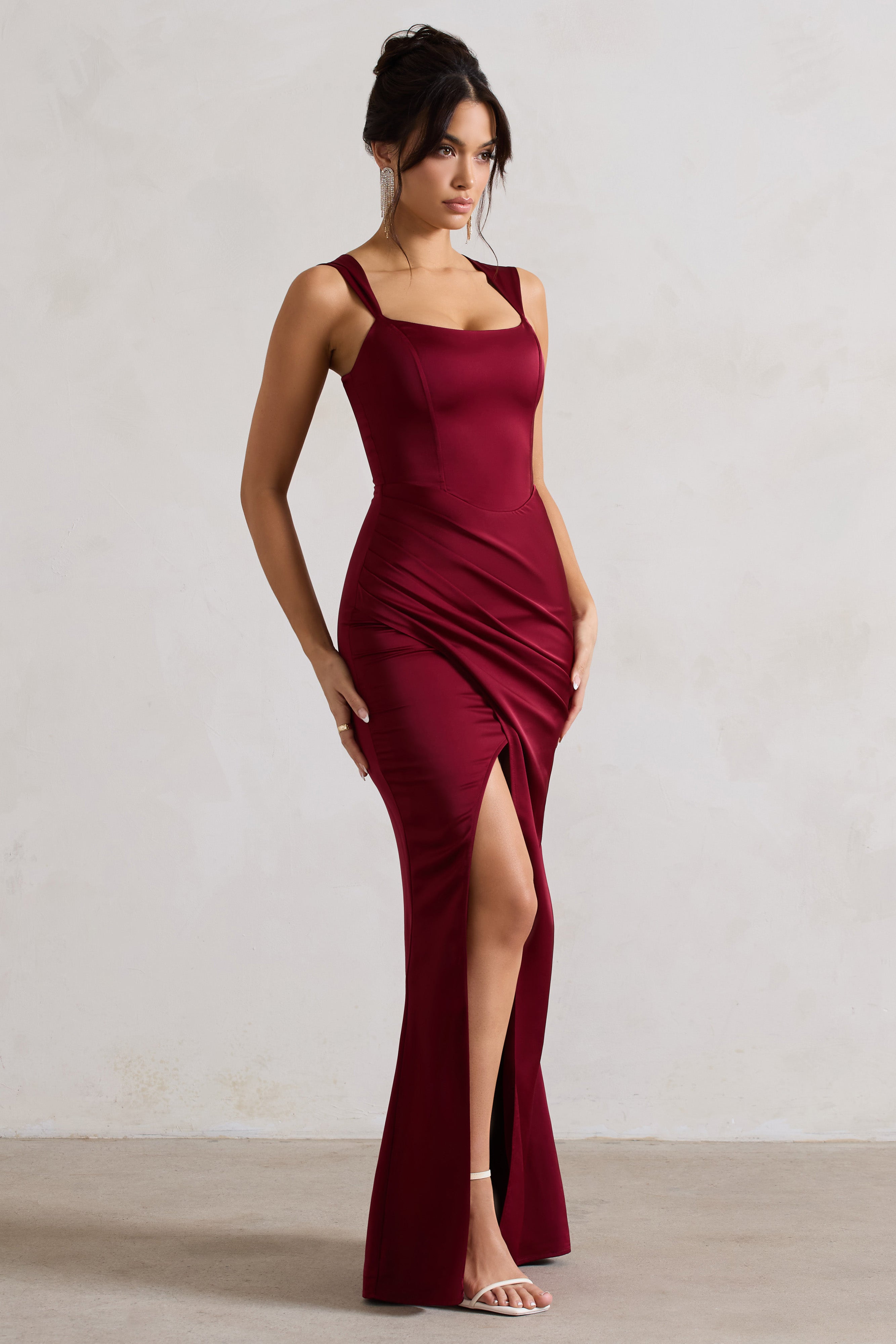 A Romantic Berry Satin Corset Wrap Maxi Dress