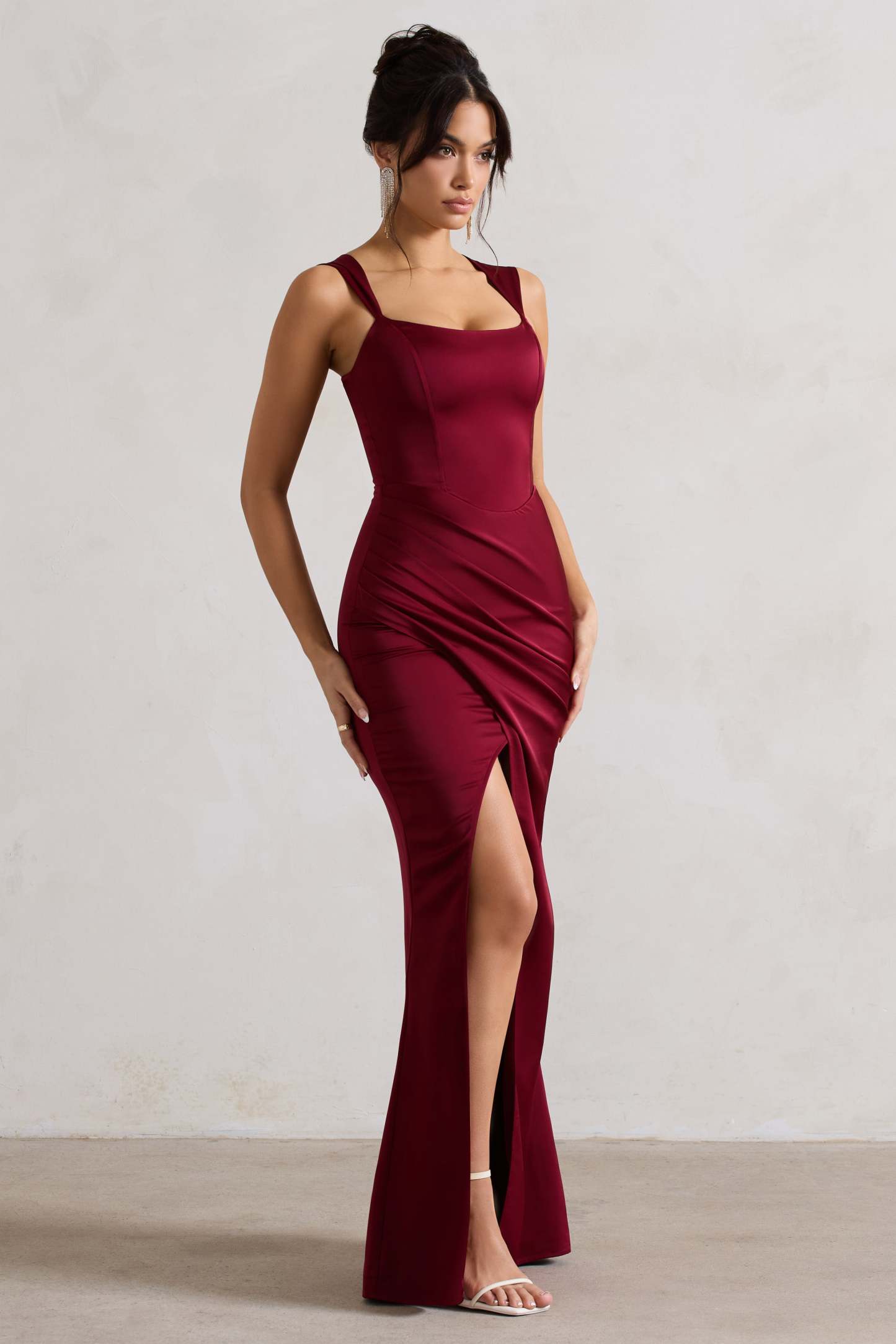 A Romantic Berry Satin Corset Wrap Maxi Dress
