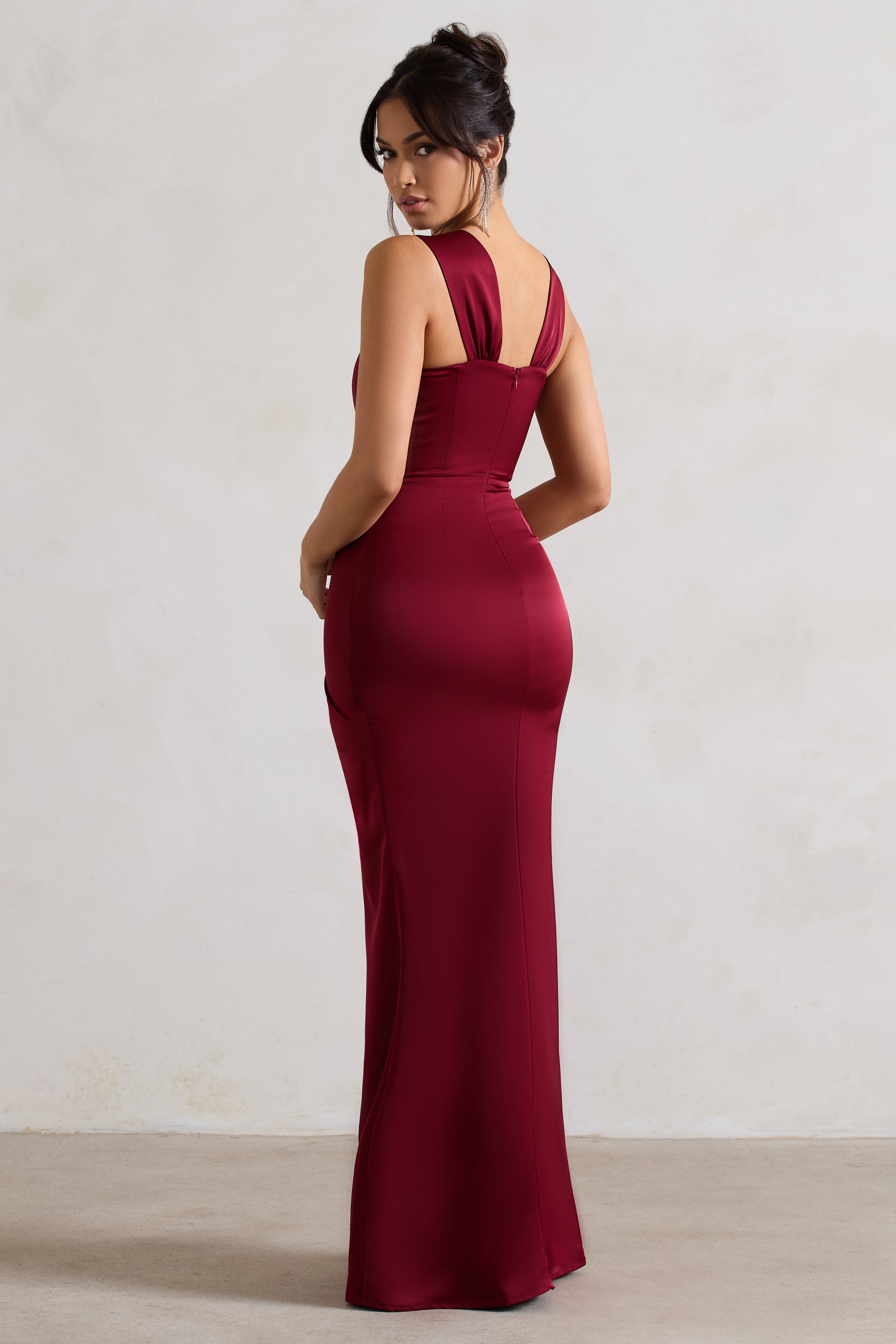 A Romantic Berry Satin Corset Wrap Maxi Dress