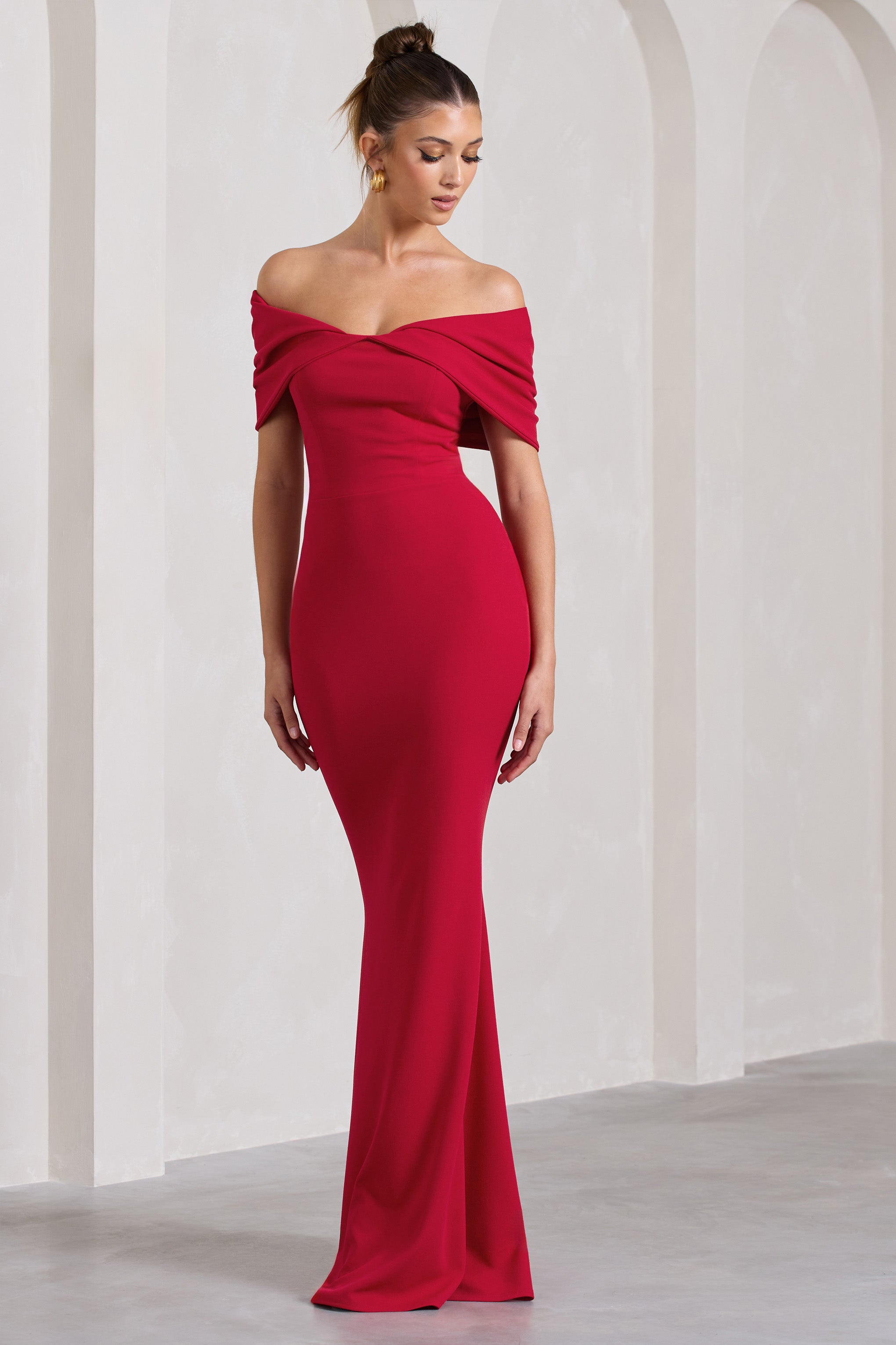 Dana Red Bardot Maxi Dress With Short Gathered Sleeves-Babyboo Dress Store. All Rights Reserved.