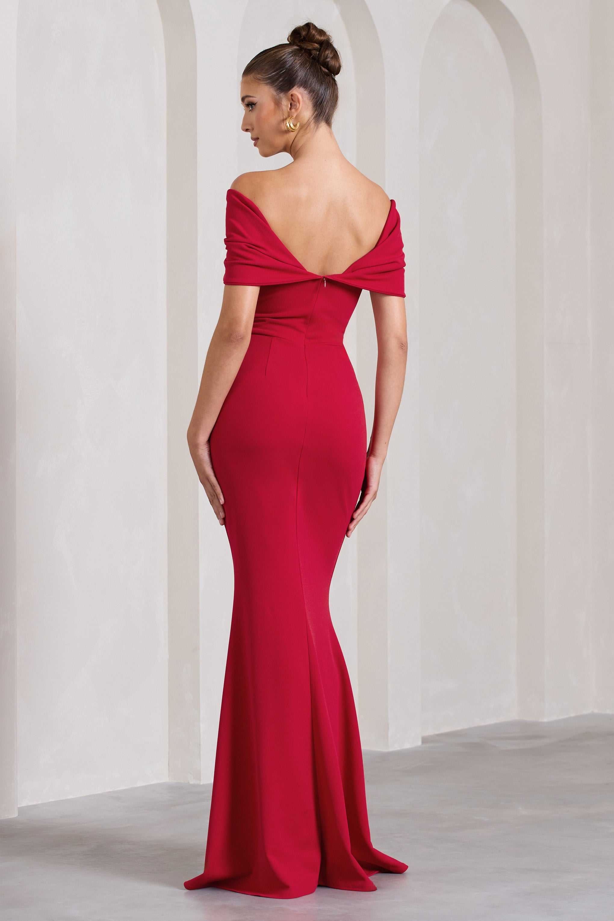 Dana Red Bardot Maxi Dress With Short Gathered Sleeves-Babyboo Dress Store. All Rights Reserved.