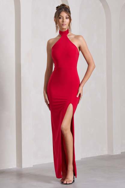 Pamela Red Halter-Neck Sleeveless Split Maxi Dress-Babyboo Dress Store. All Rights Reserved.