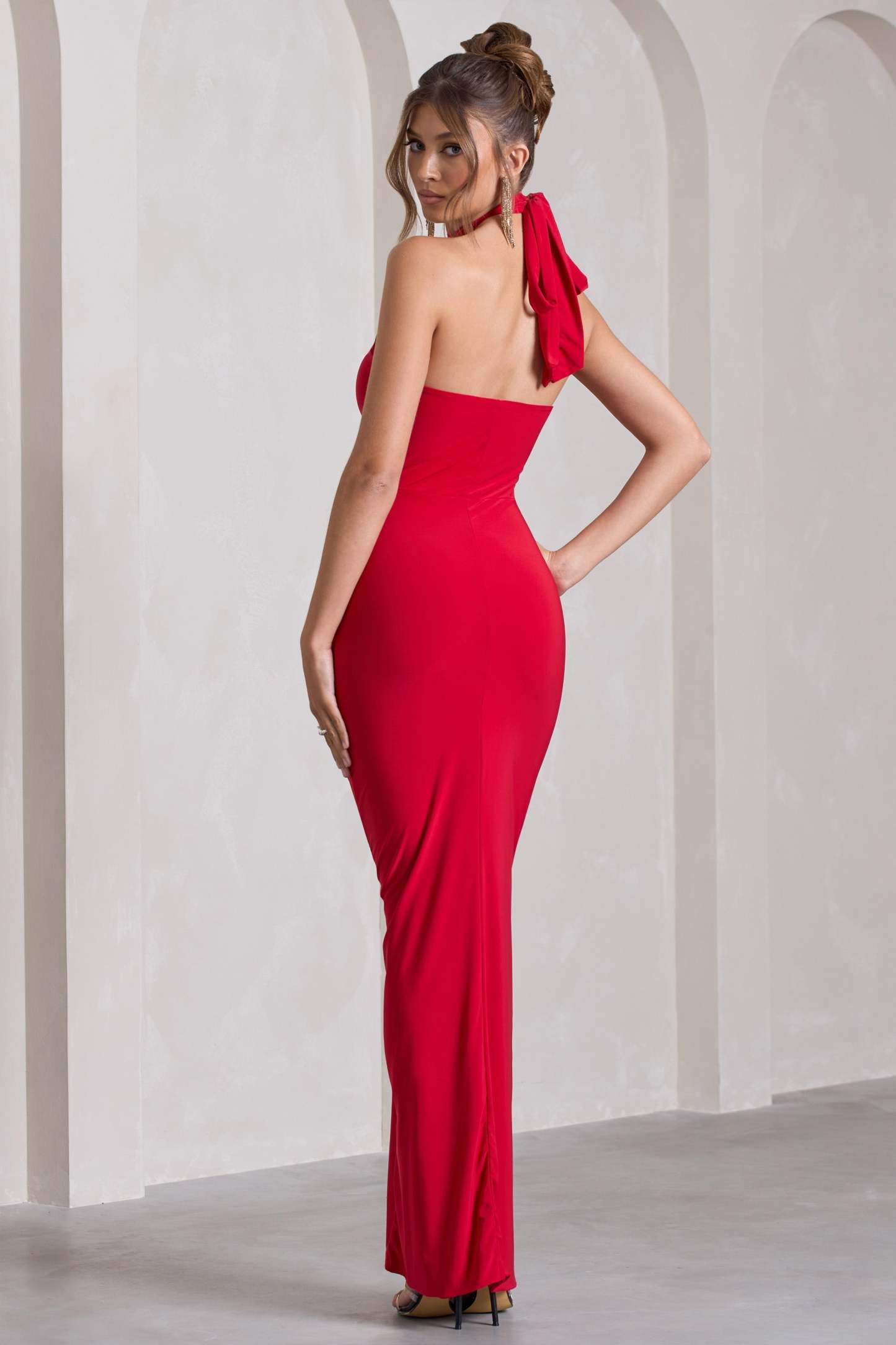 Pamela Red Halter-Neck Sleeveless Split Maxi Dress-Babyboo Dress Store. All Rights Reserved.