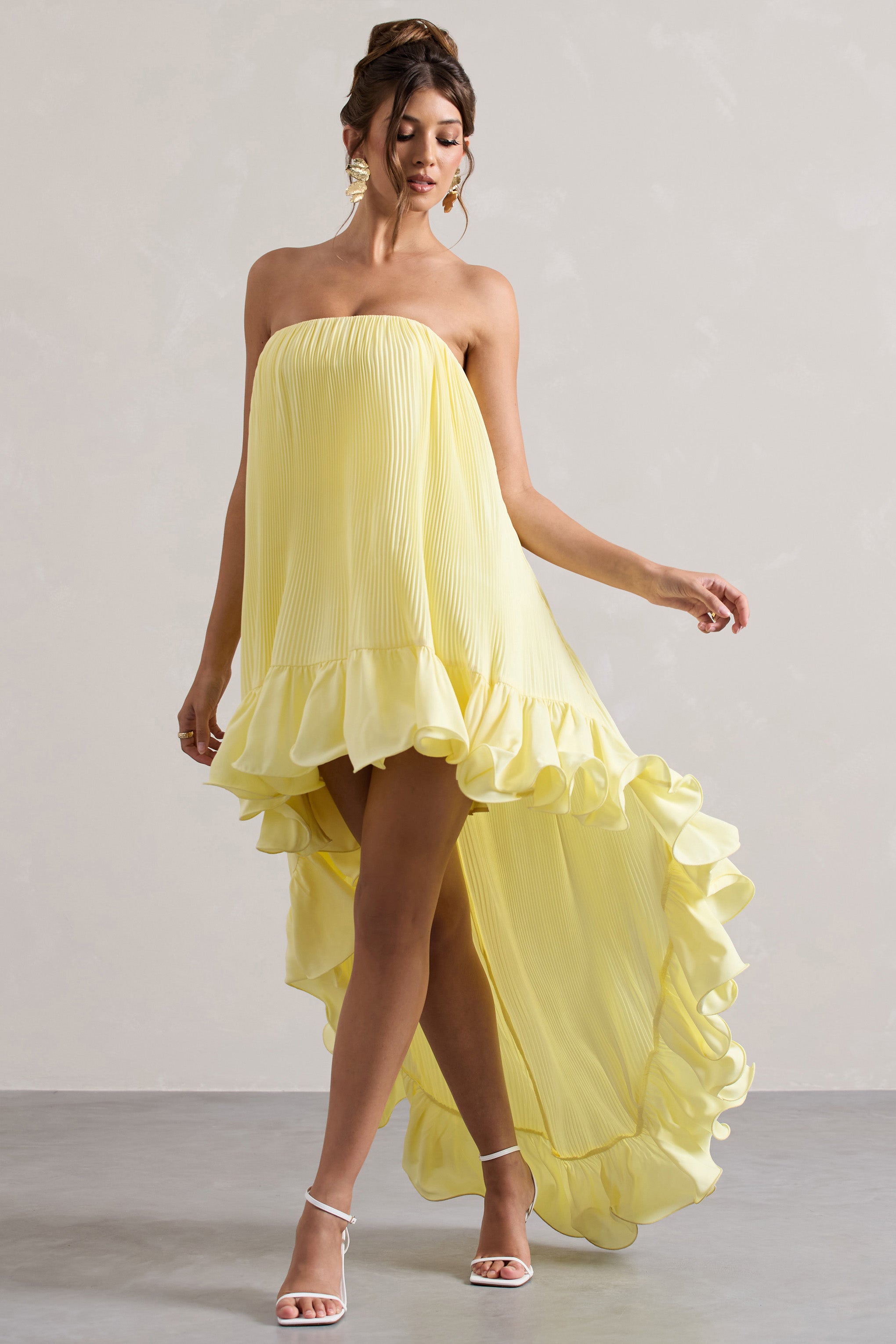 Lemon Chiffon Bandeau High-Low Ruffled Maxi Dress