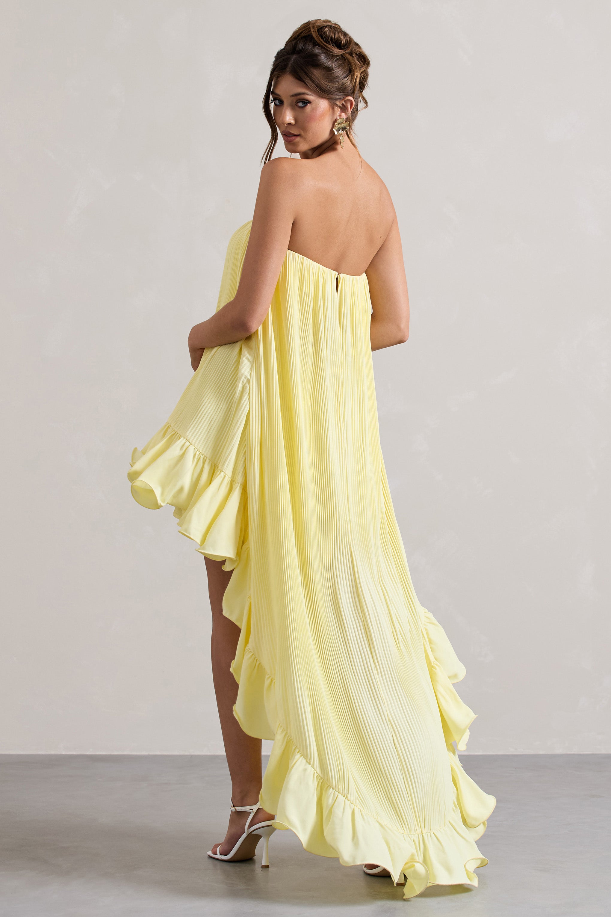 Lemon Chiffon Bandeau High-Low Ruffled Maxi Dress