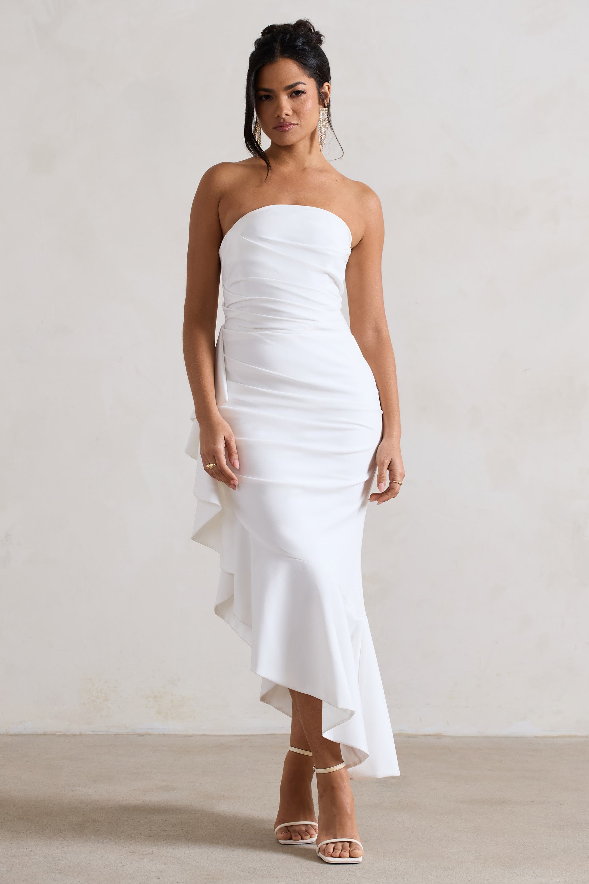 New Age White Strapless Asymmetric Ruffled Maxi Dress-Babyboo Dress Store. All Rights Reserved.