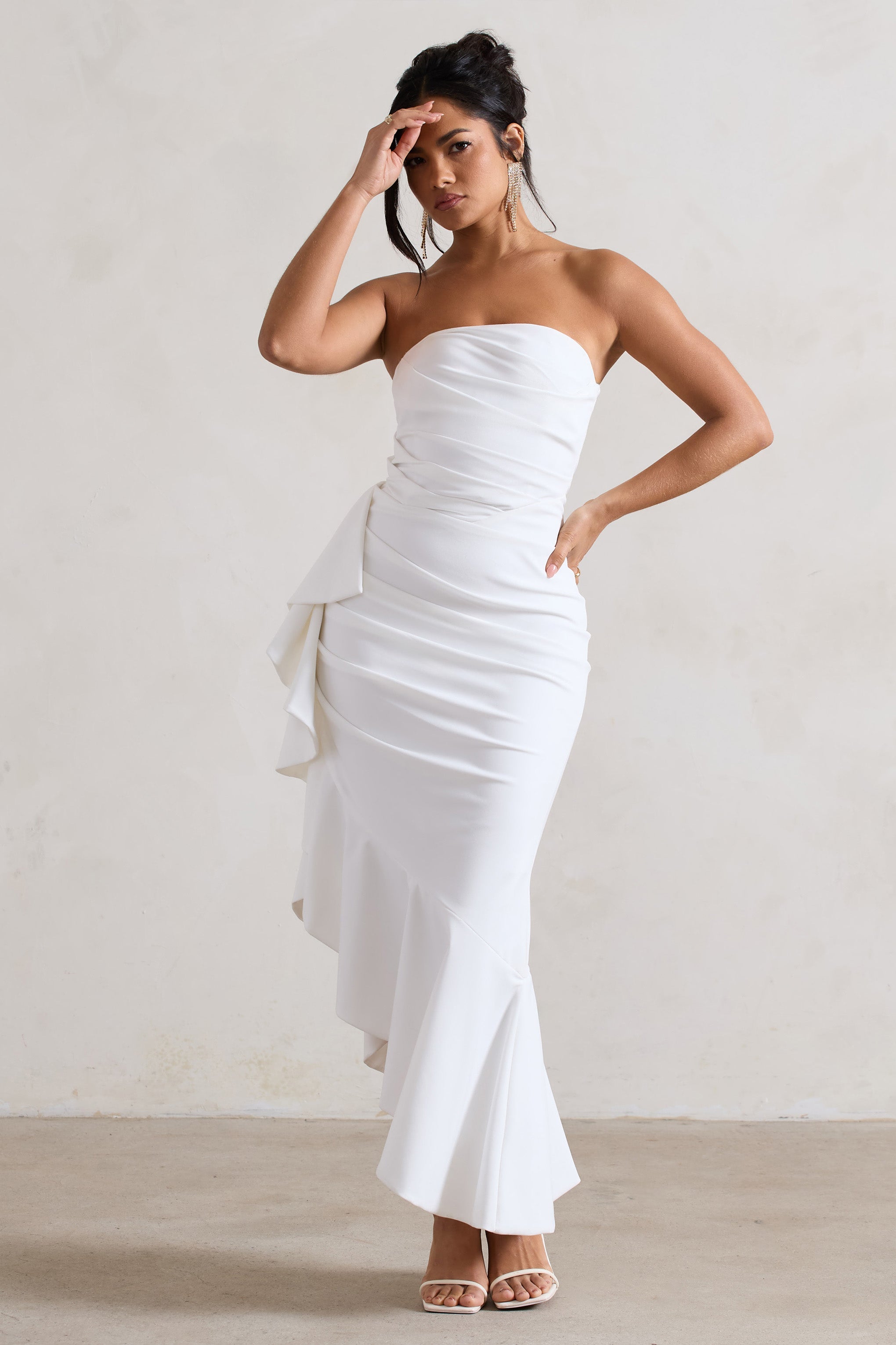 New Age White Strapless Asymmetric Ruffled Maxi Dress-Babyboo Dress Store. All Rights Reserved.