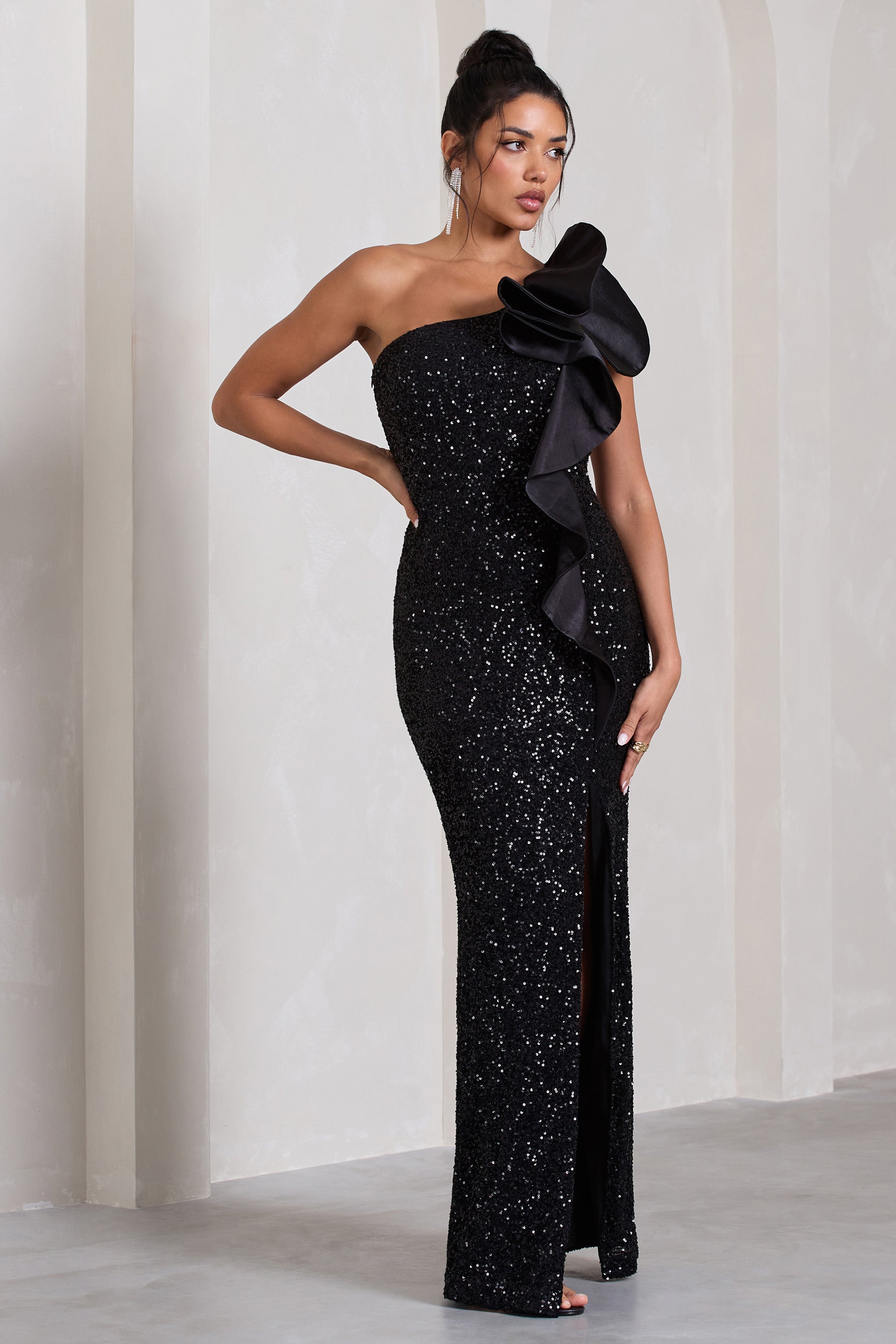 Award Black Sequin One Shoulder Cut-Out Split Maxi Dress With Ruffle Detail