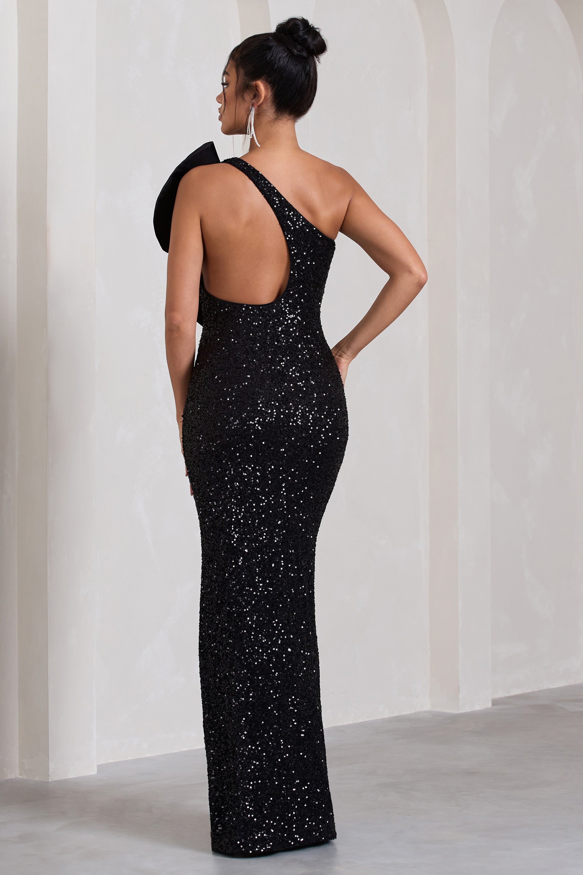 Award Black Sequin One Shoulder Cut-Out Split Maxi Dress With Ruffle Detail