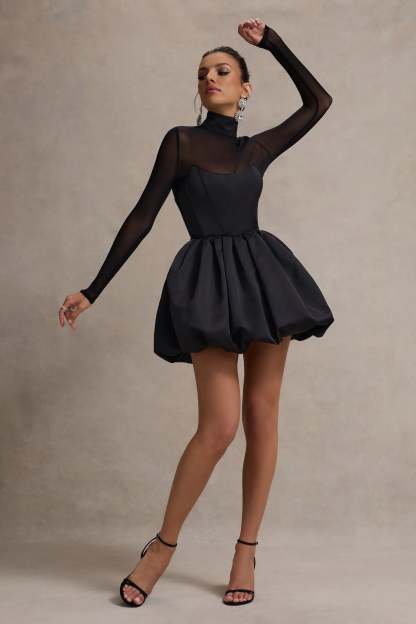Black Satin High-Neck Mini Dress With Sheer Sleeves