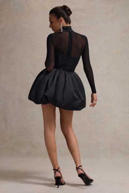 Black Satin High-Neck Mini Dress With Sheer Sleeves