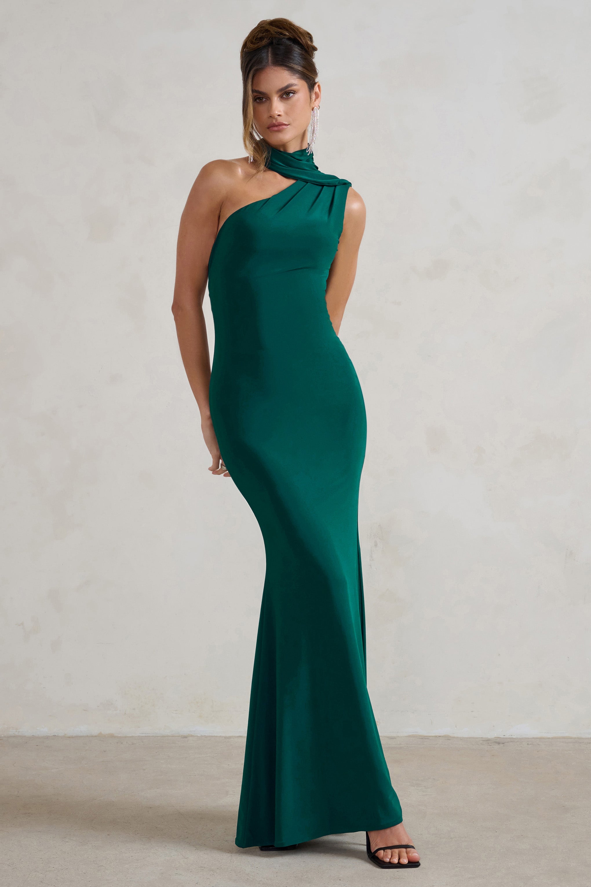Capucine Bottle Green One Shoulder Draped Maxi Dress-Babyboo Dress Store. All Rights Reserved.