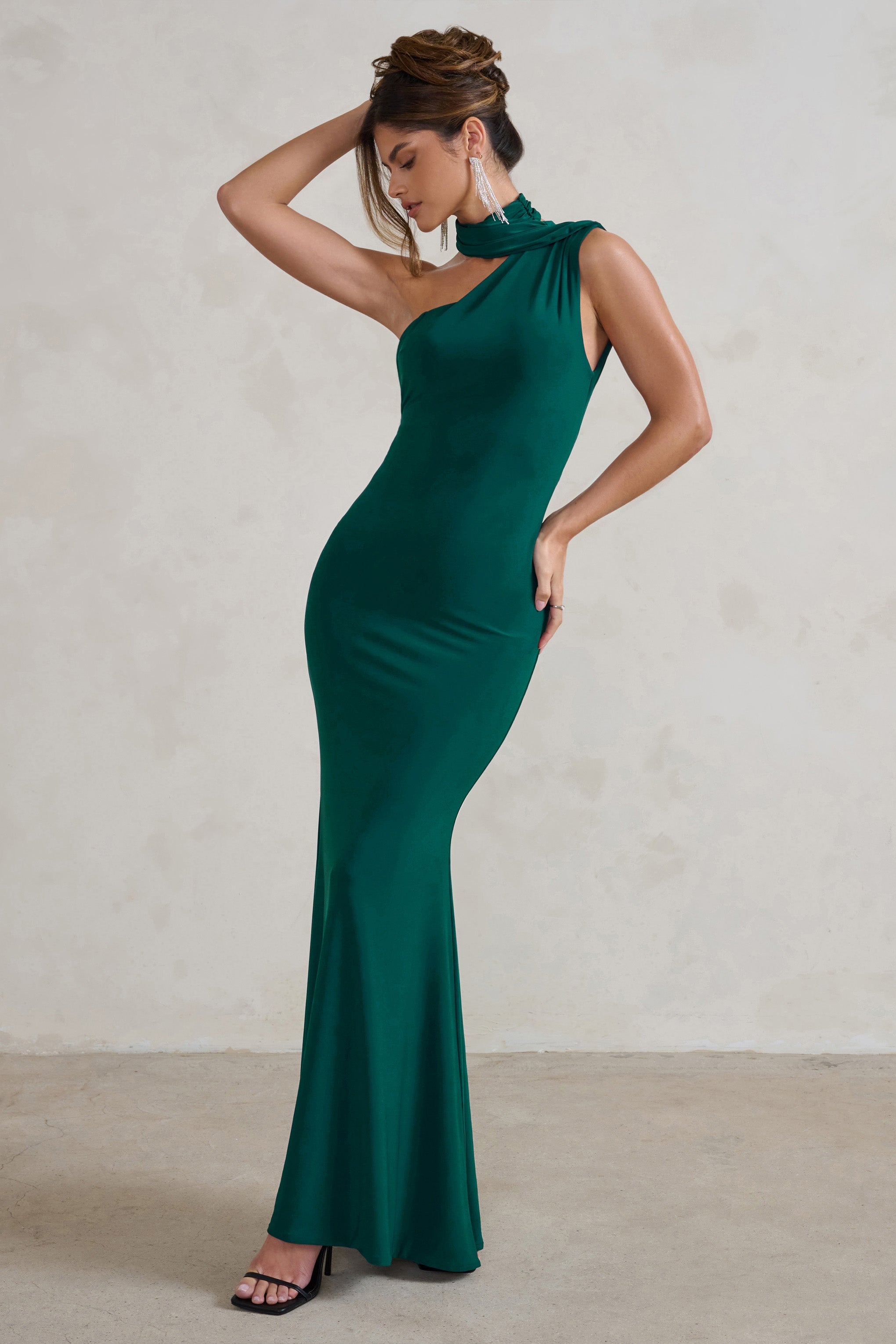 Capucine Bottle Green One Shoulder Draped Maxi Dress-Babyboo Dress Store. All Rights Reserved.