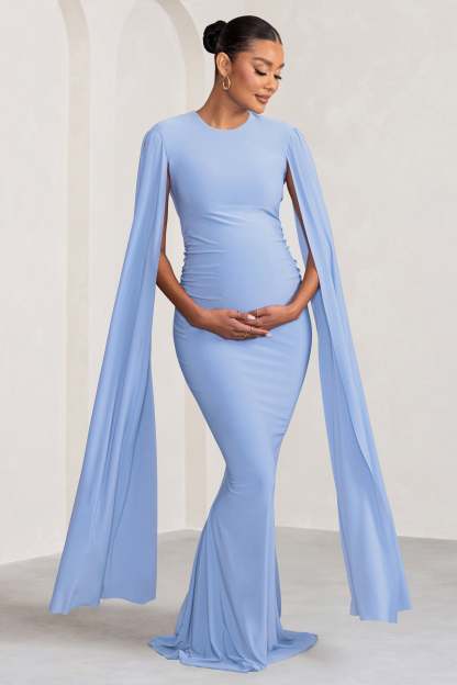 Divine Timing Powder Blue Maternity Maxi Dress With Cape Sleeves