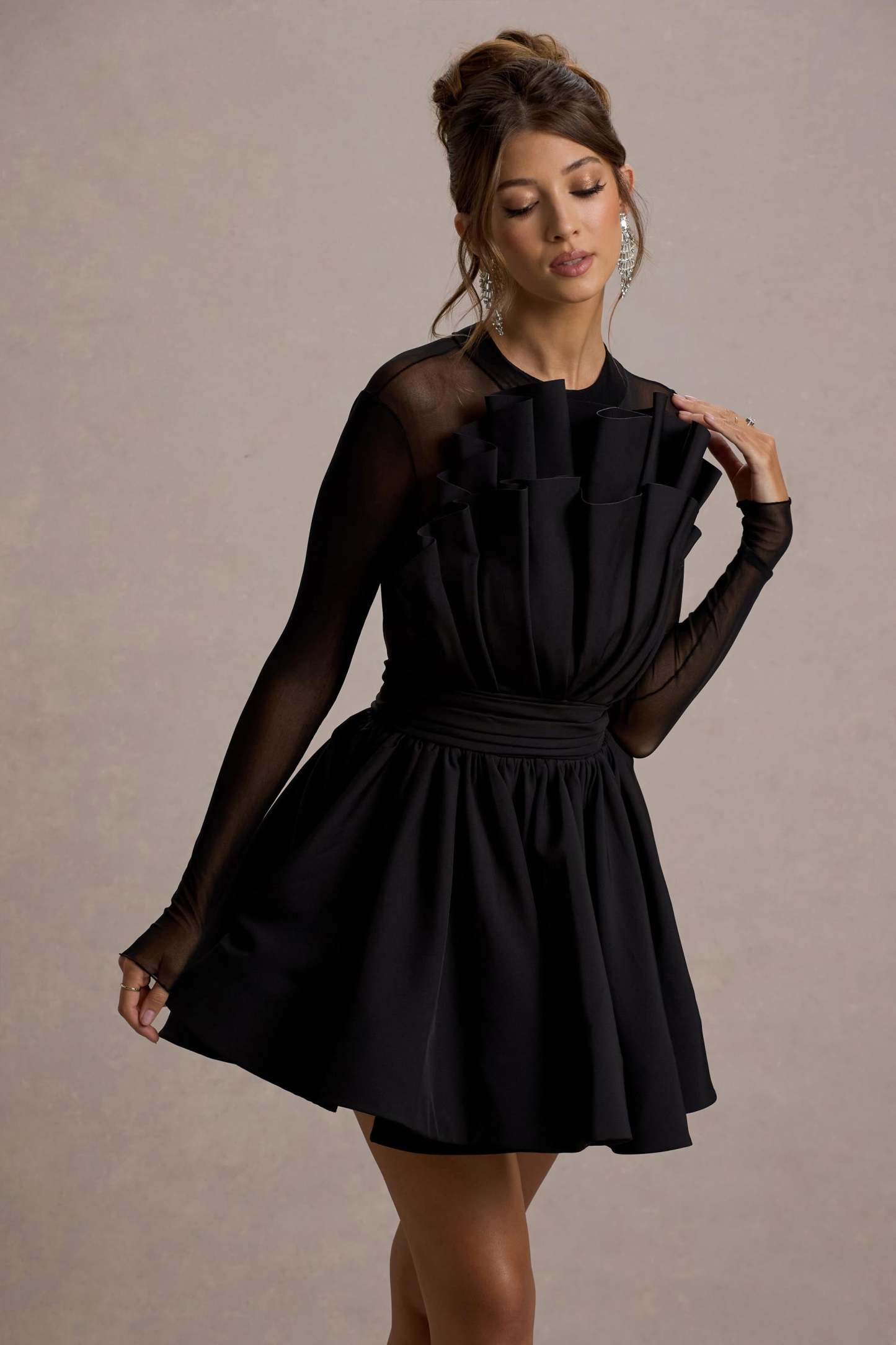 Jeri Black Mesh Long-Sleeve Ruffled Mini Dress