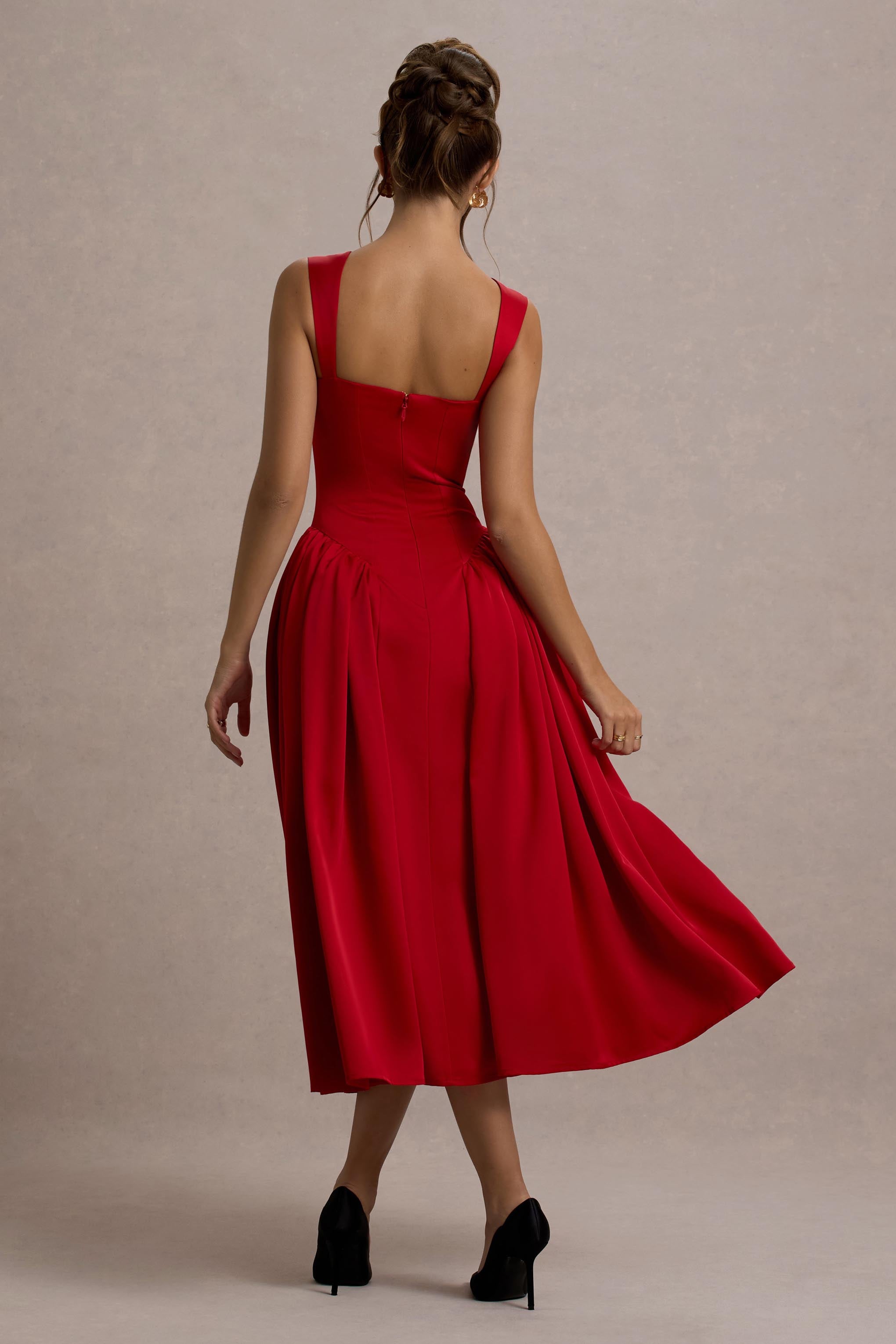 Covia Red Satin Sweetheart Midi Dress
