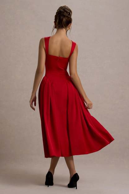 Covia Red Satin Sweetheart Midi Dress
