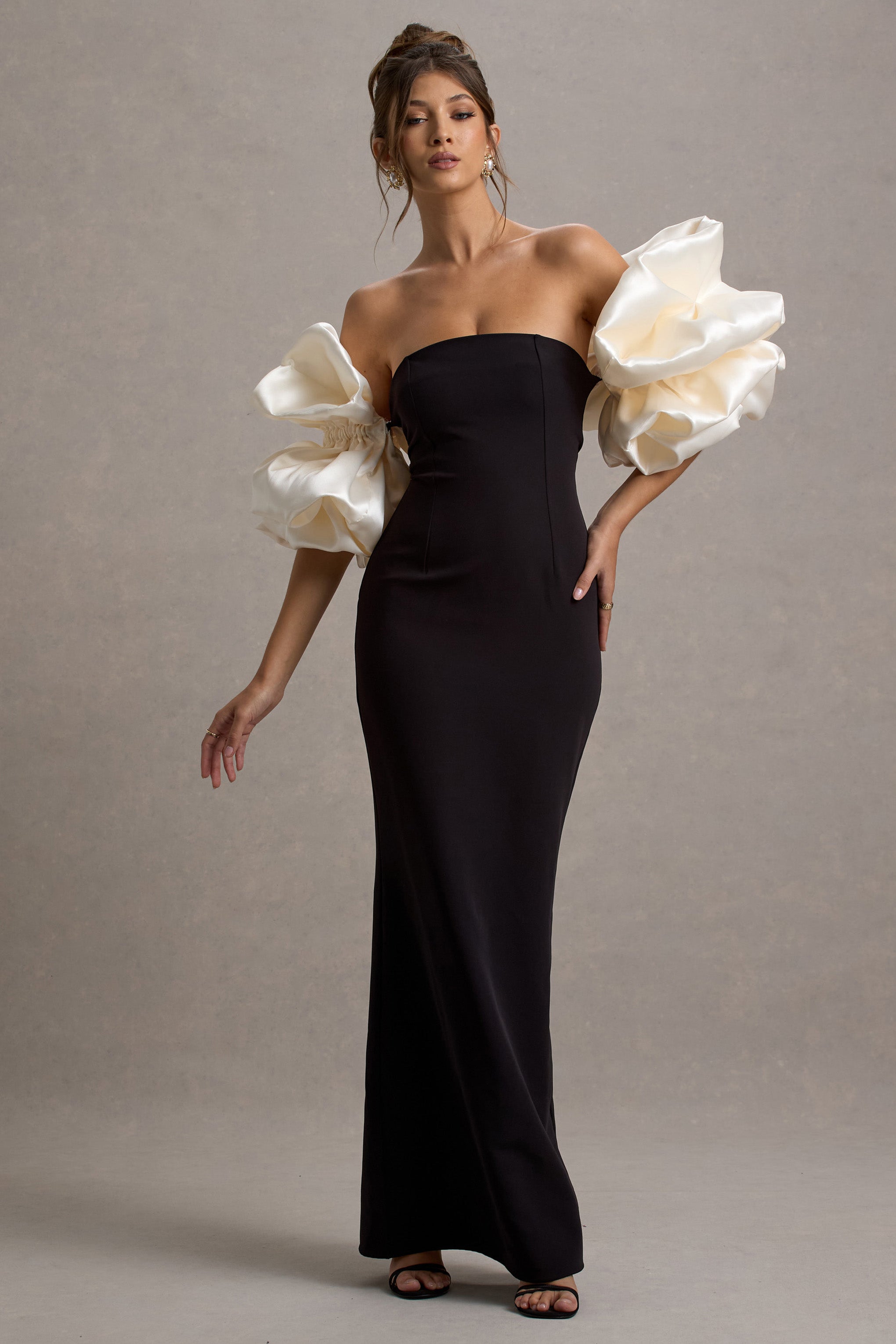 Evermore Black & Cream Puff-Sleeve Maxi Dress