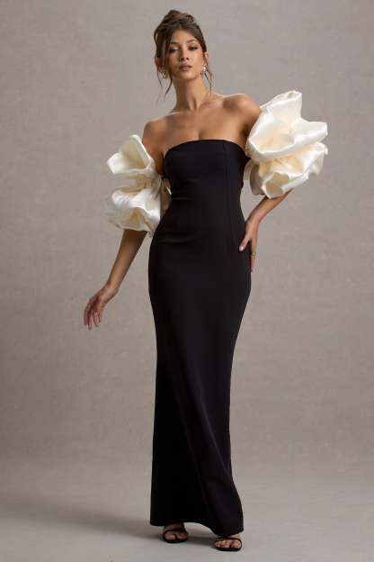 Evermore Black & Cream Puff-Sleeve Maxi Dress