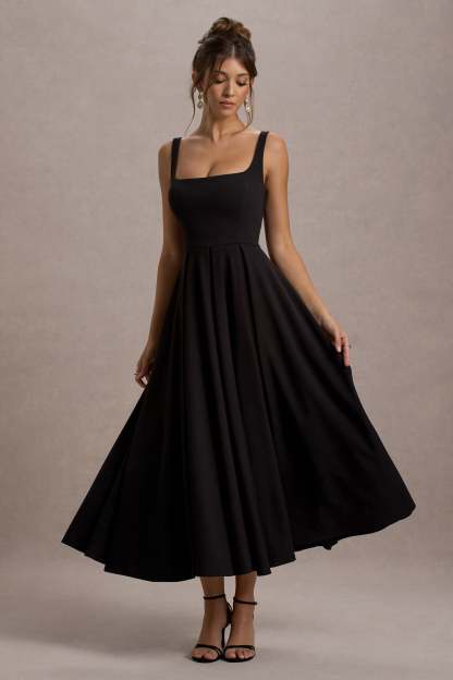 Black Strappy Volume-Hem Midi Dress