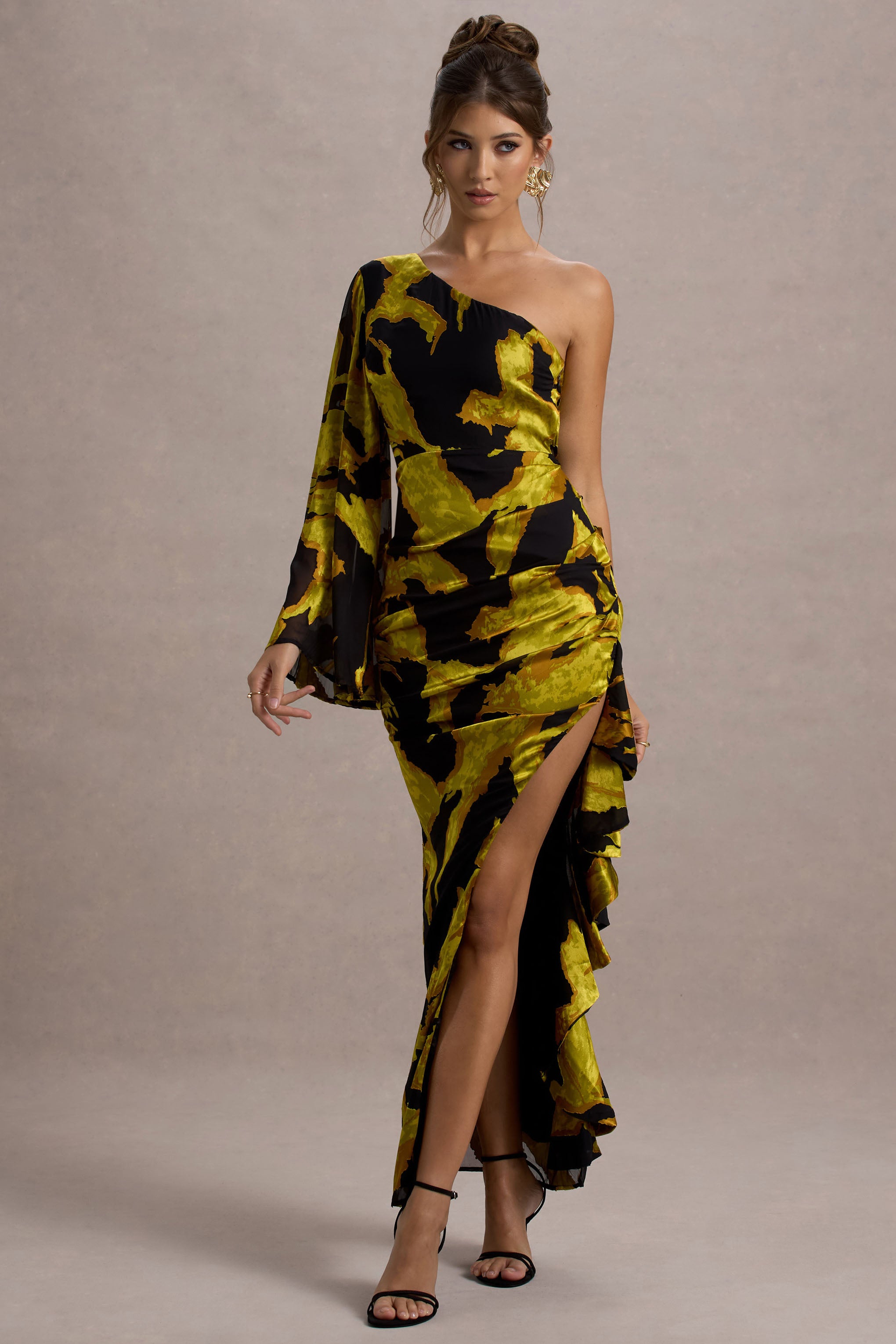 Mustard Print Satin Jacquard One Sleeve Ruffled Split Maxi Dress