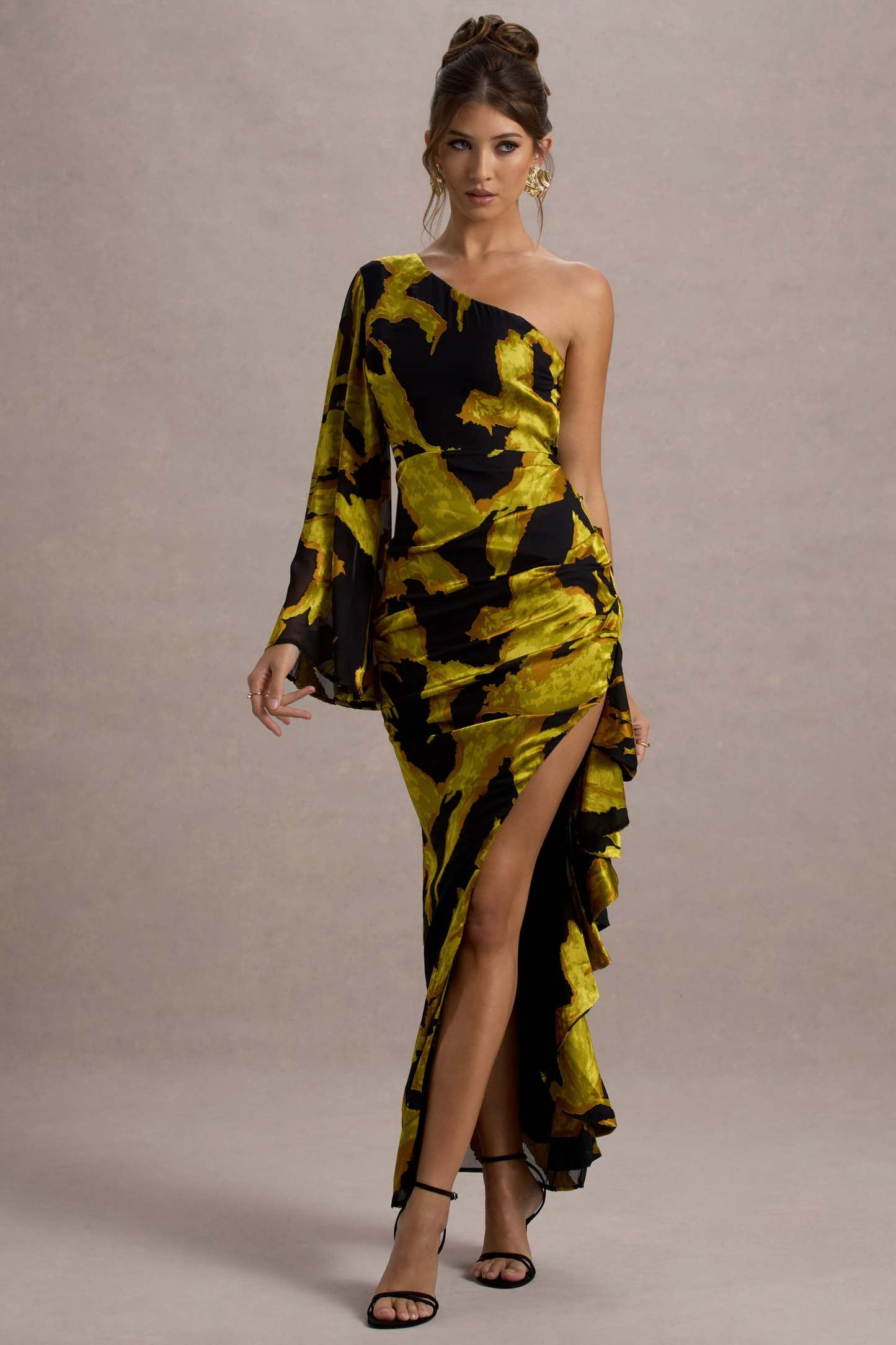 Mustard Print Satin Jacquard One Sleeve Ruffled Split Maxi Dress
