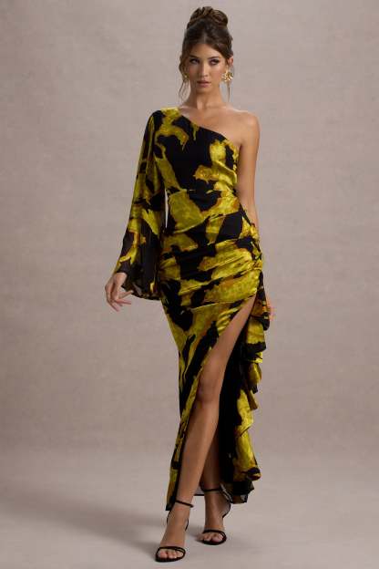 Mustard Print Satin Jacquard One Sleeve Ruffled Split Maxi Dress