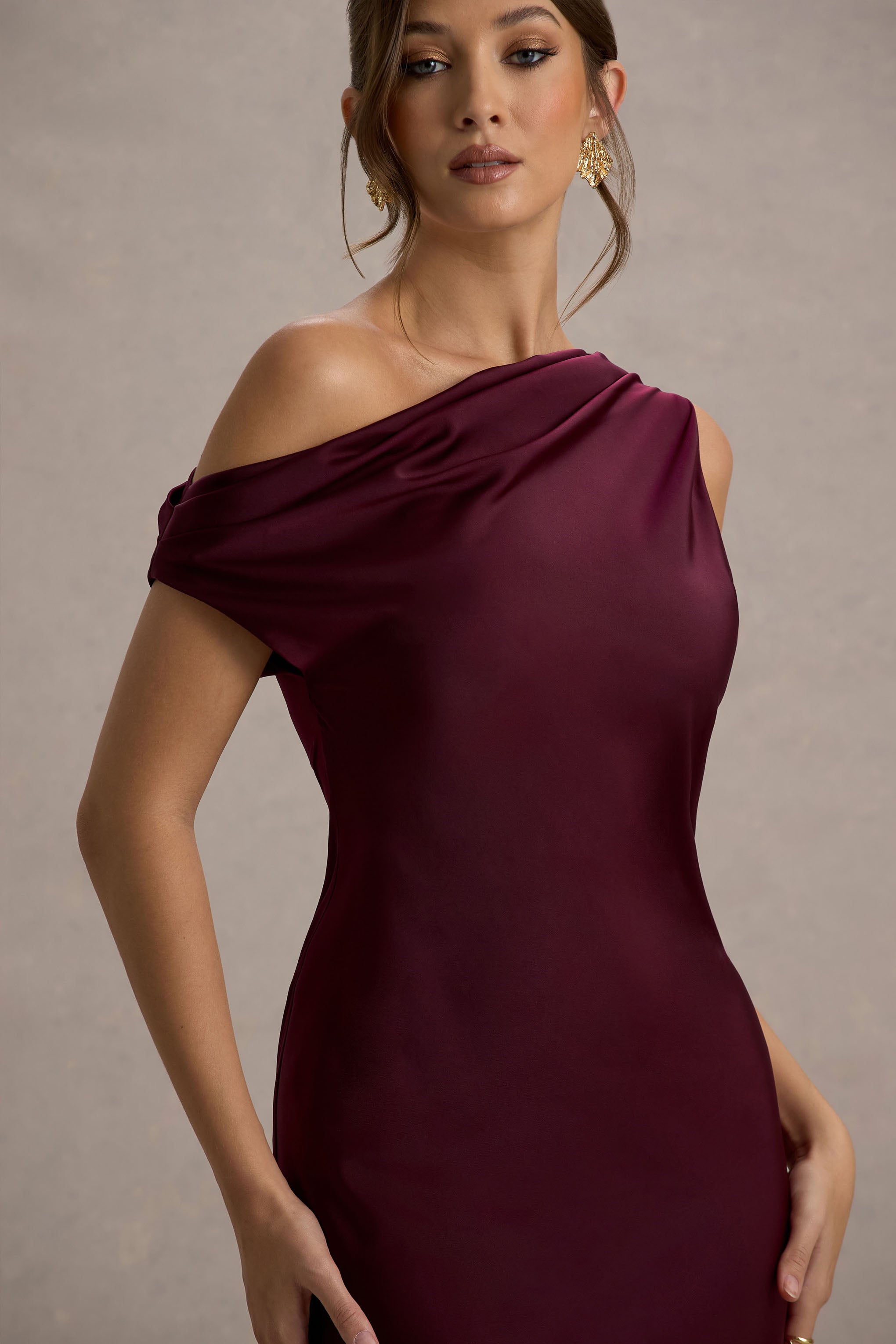 Isolde Burgundy Satin One-Shoulder Maxi Dress