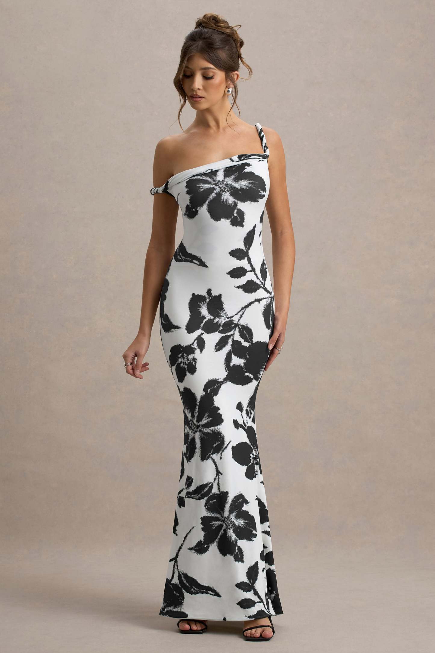 Monochrome Floral Print Twisted Asymmetric Maxi Dress